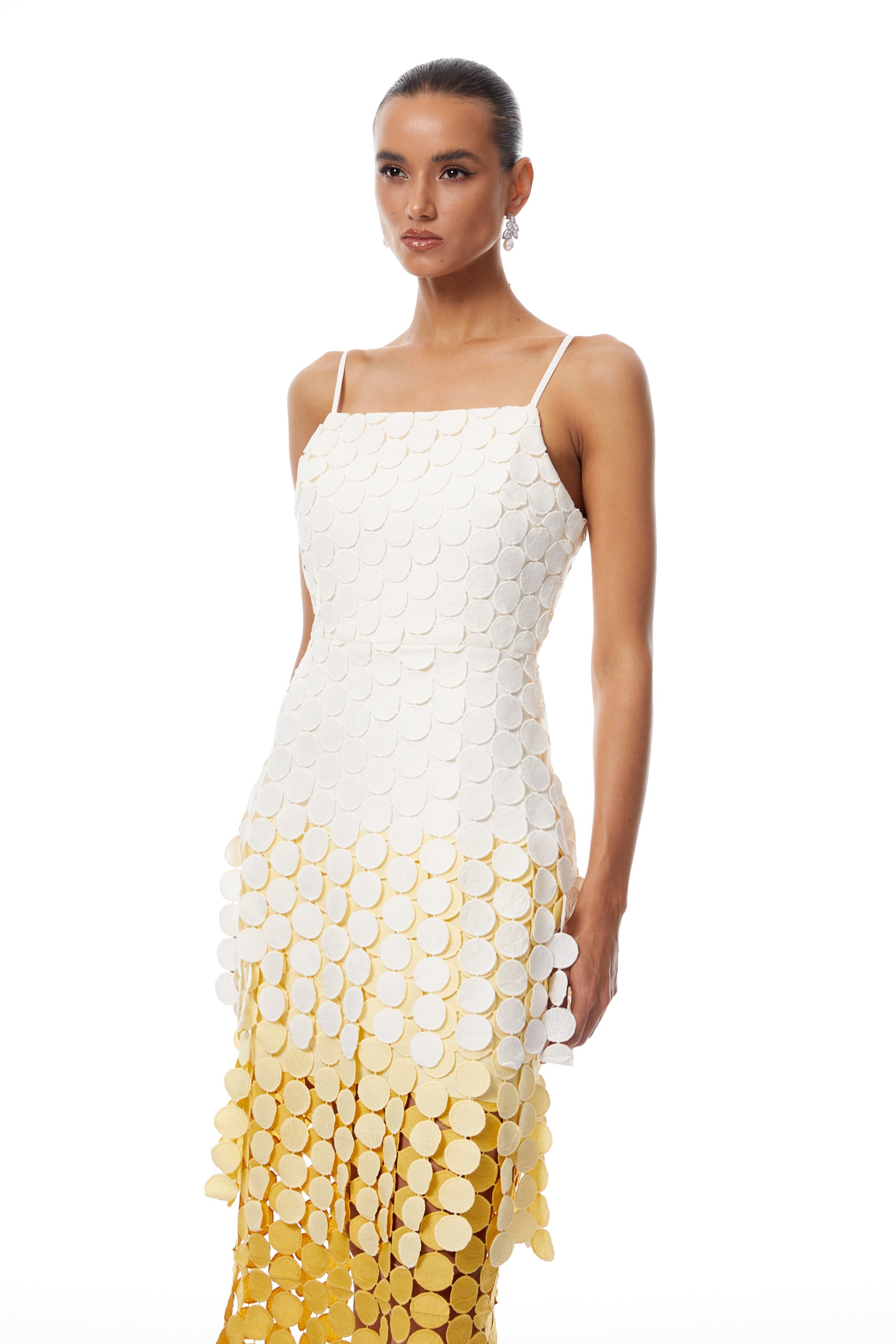 Vezzetti Yellow Embroidered-Disc Fringed Maxi Dress