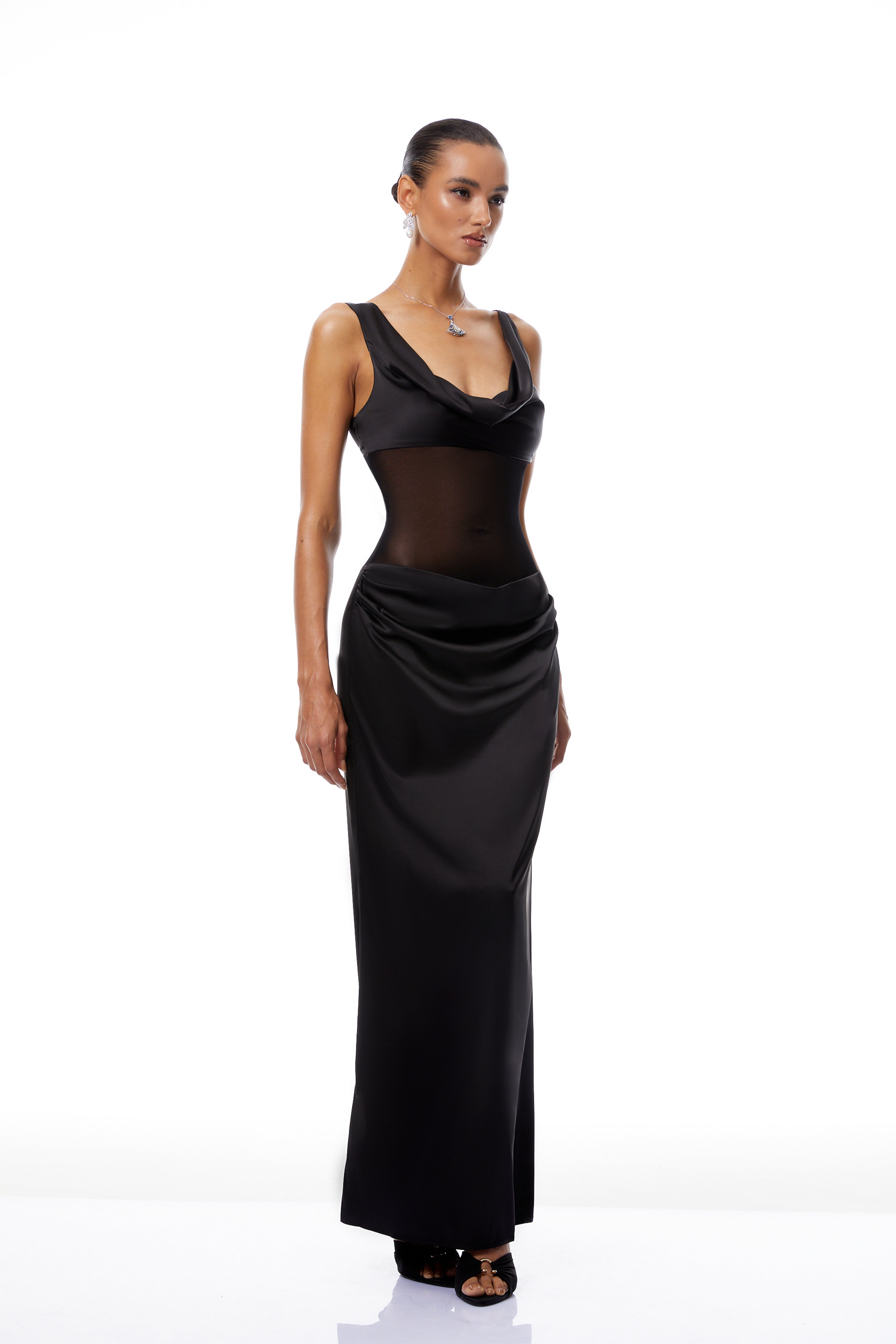 Pernilla Black Ruched Satin Maxi Dress