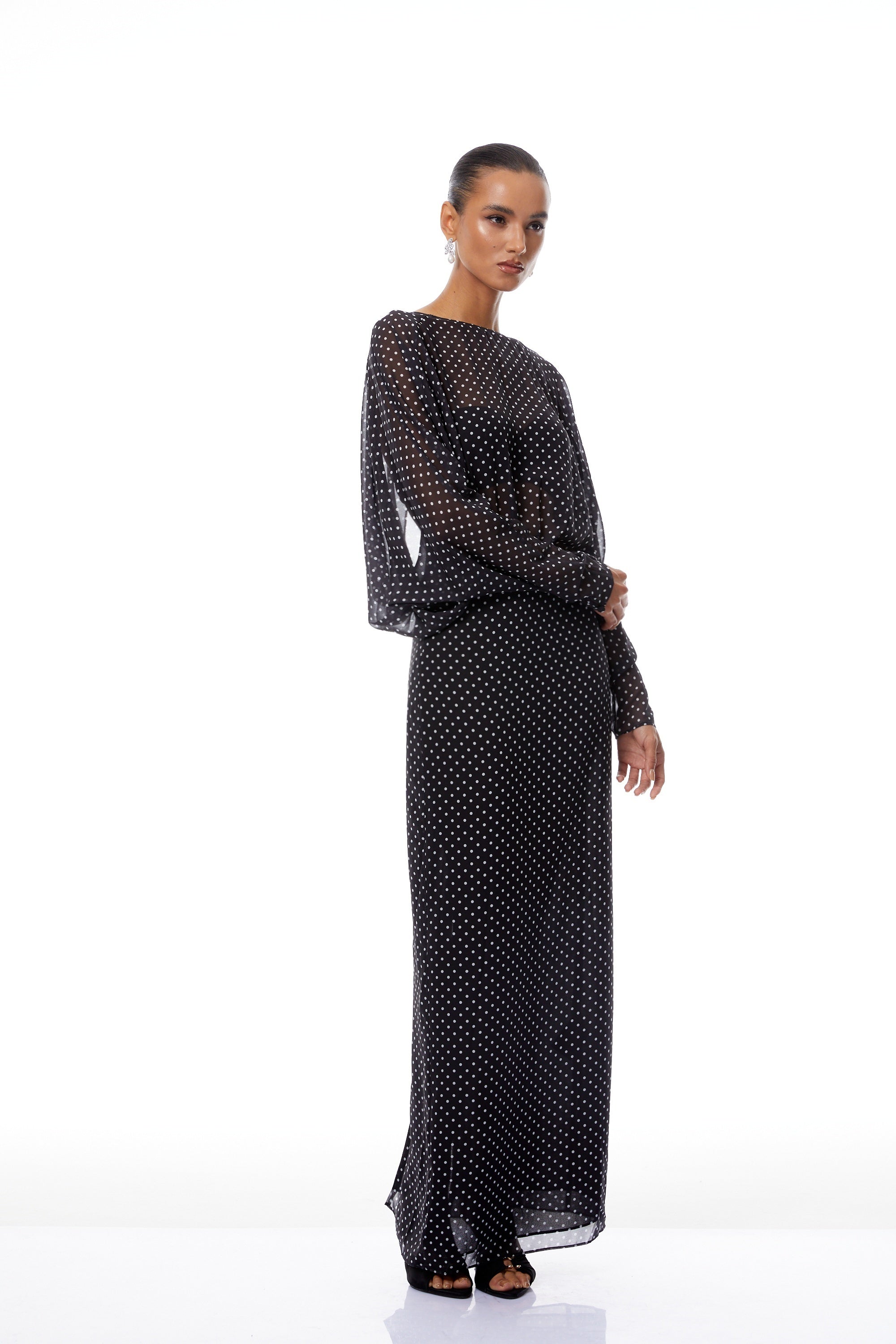 Emilia Black Polka Dot Chiffon Maxi Dress (Final Sale-US Only)