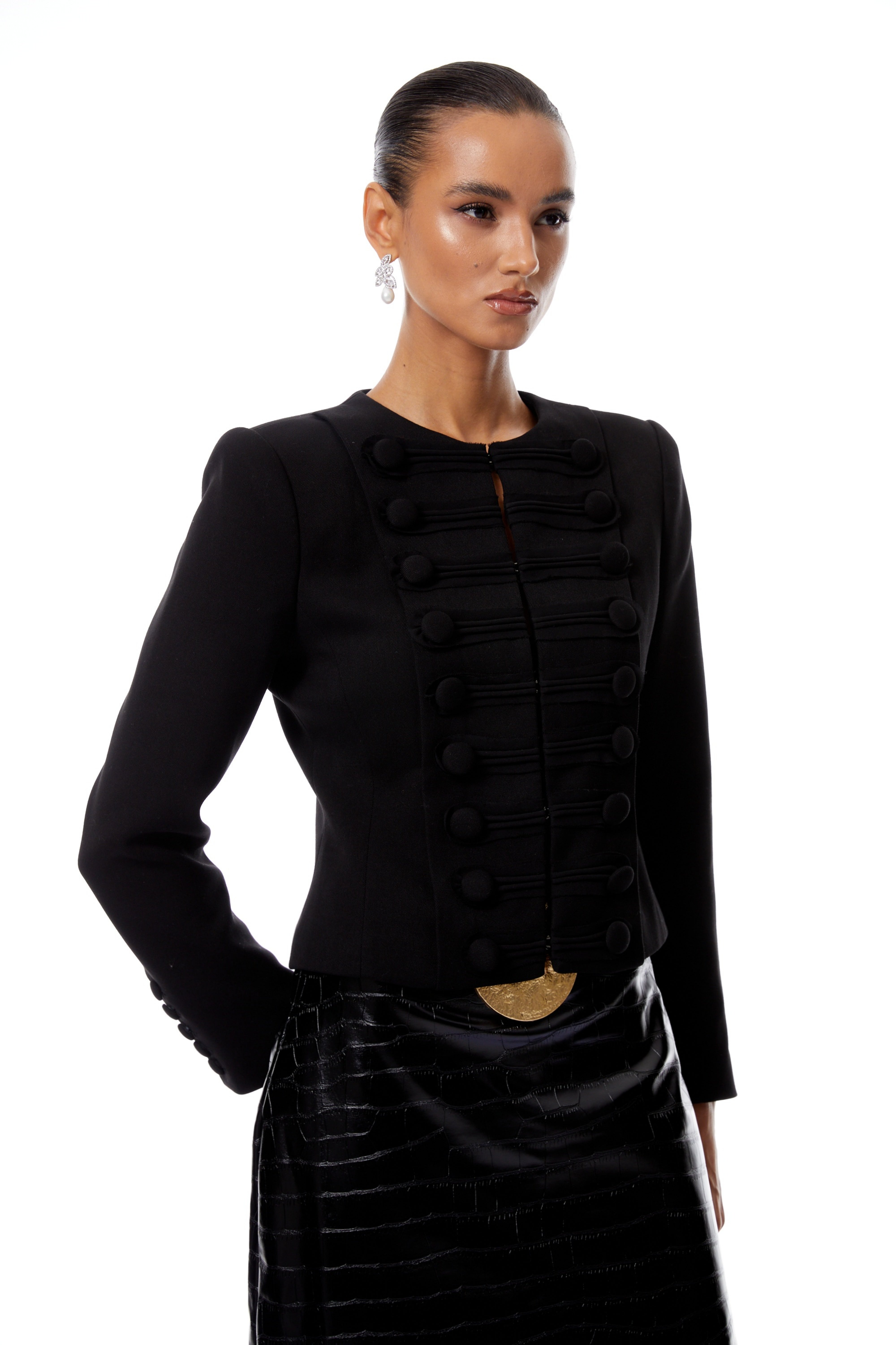 Loredana Black Double-Breasted Frog Button Jacket