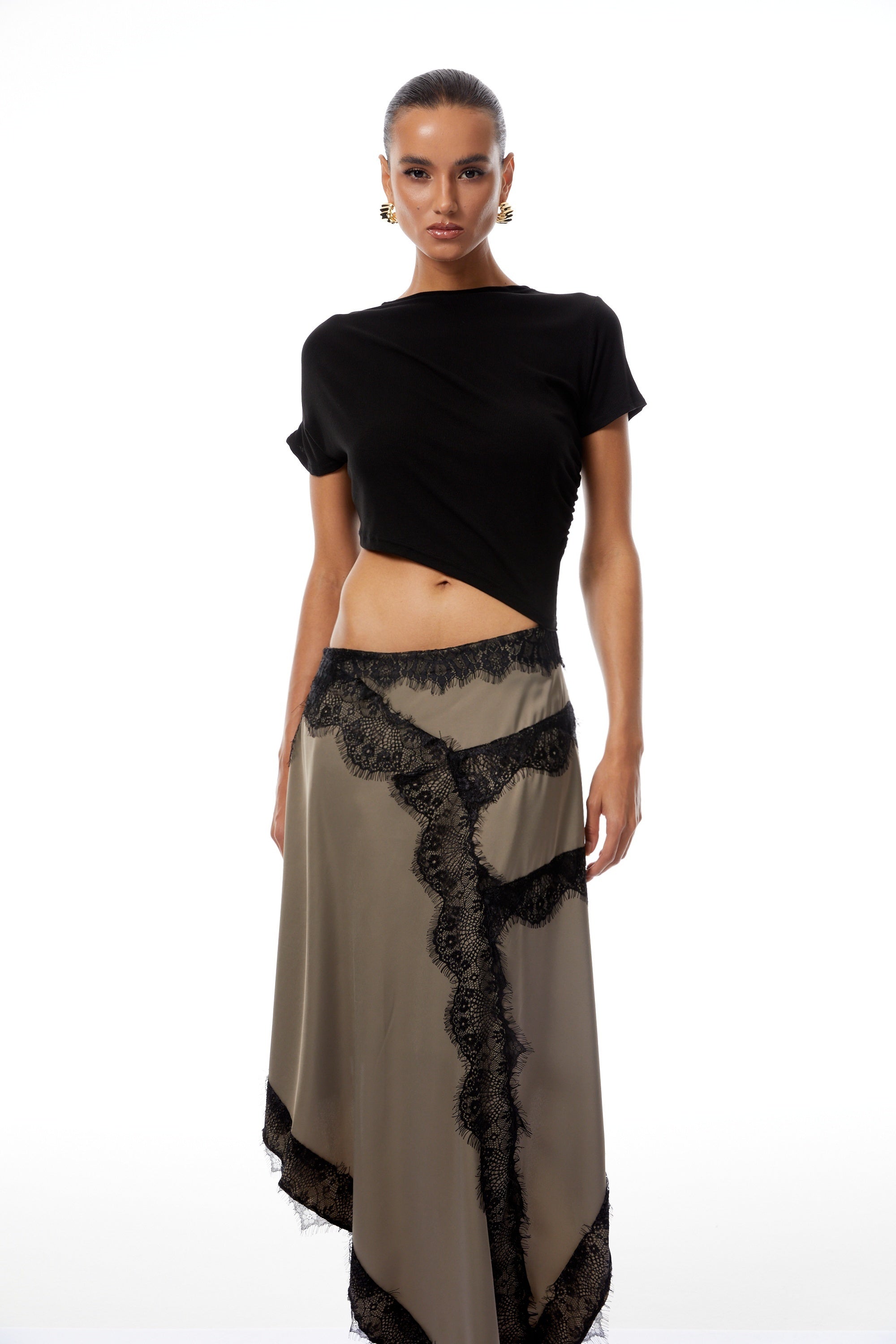 Fiamma Black Gathered Lace Panel Maxi Dress