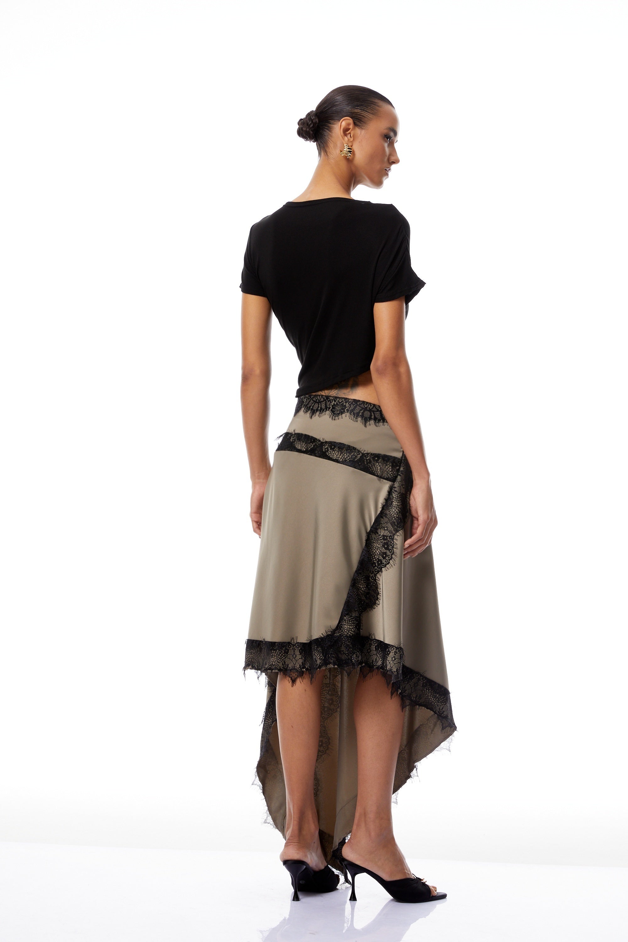 Fiamma Black Gathered Lace Panel Maxi Dress