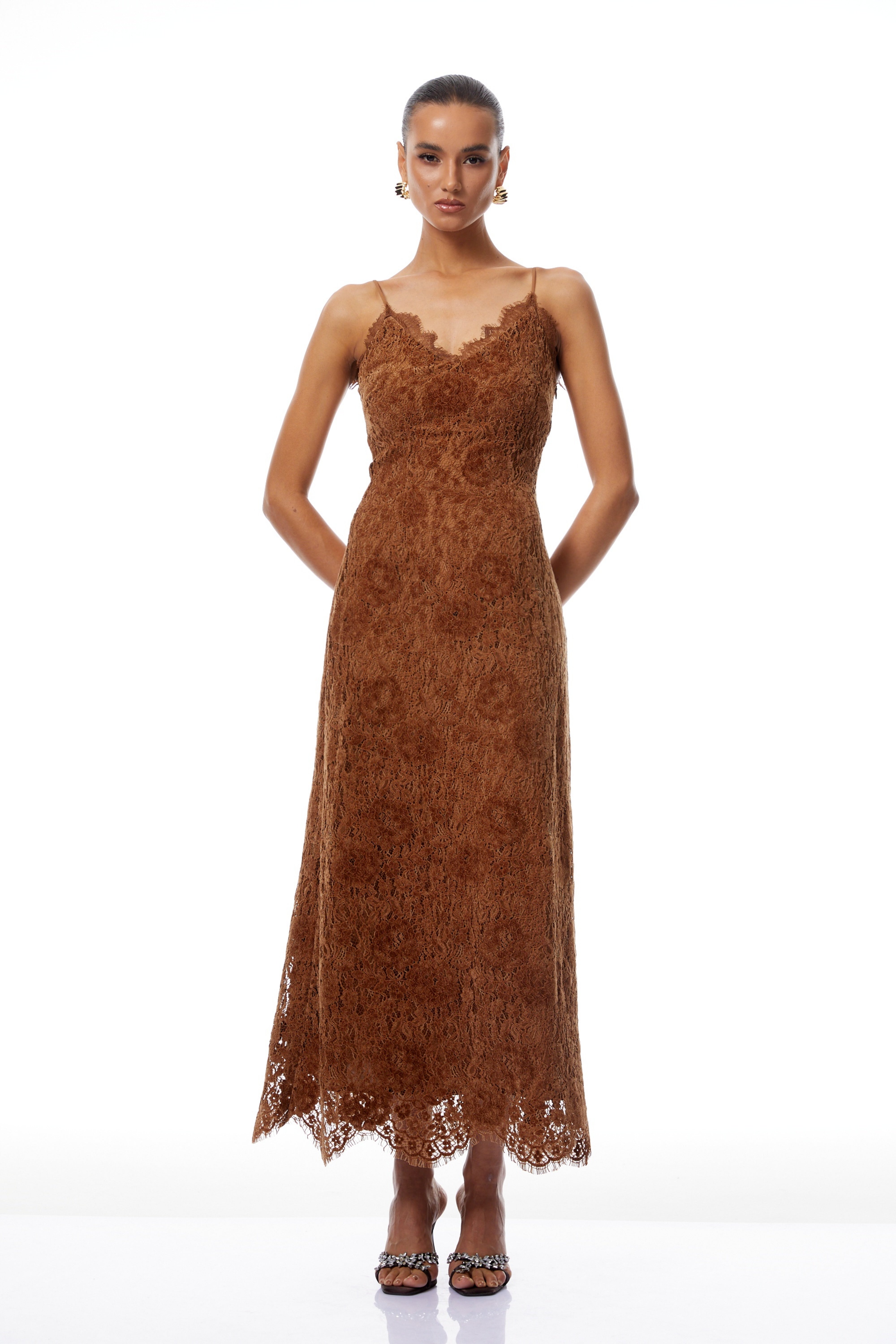 Estrid Brown Flocked Floral Lace Maxi Dress