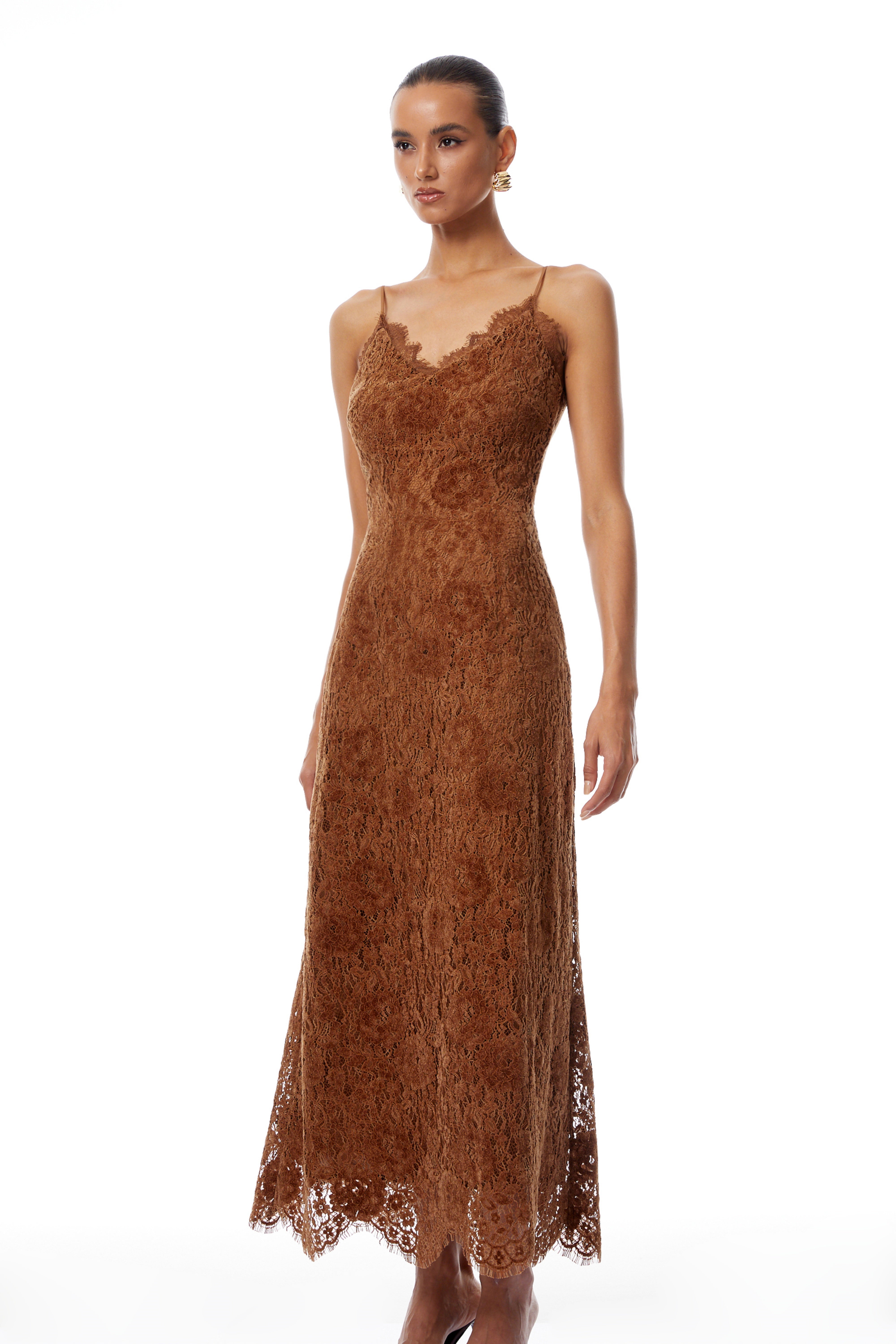 Estrid Brown Flocked Floral Lace Maxi Dress