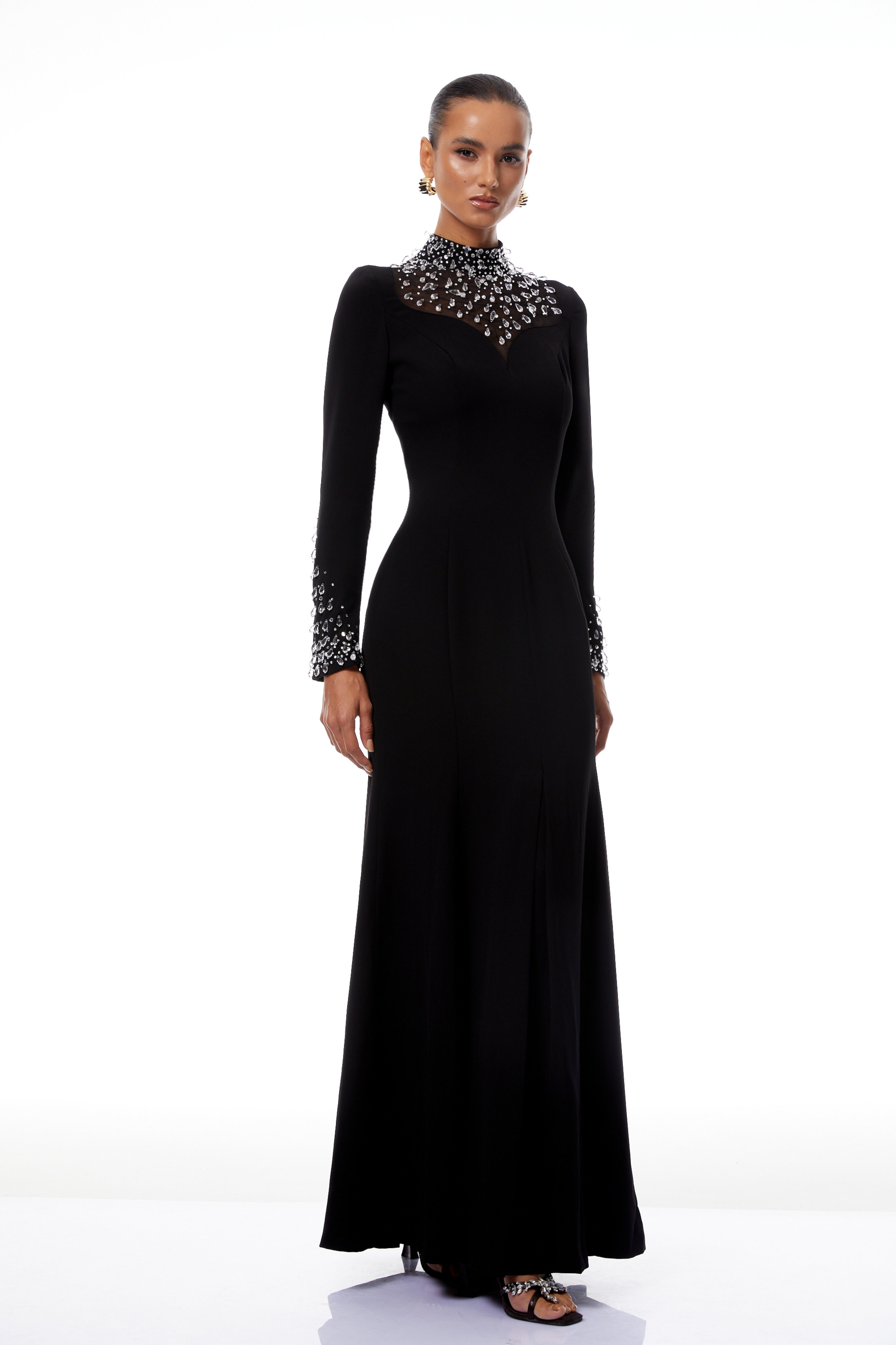 Oona Black Embellished Flared Maxi Gown