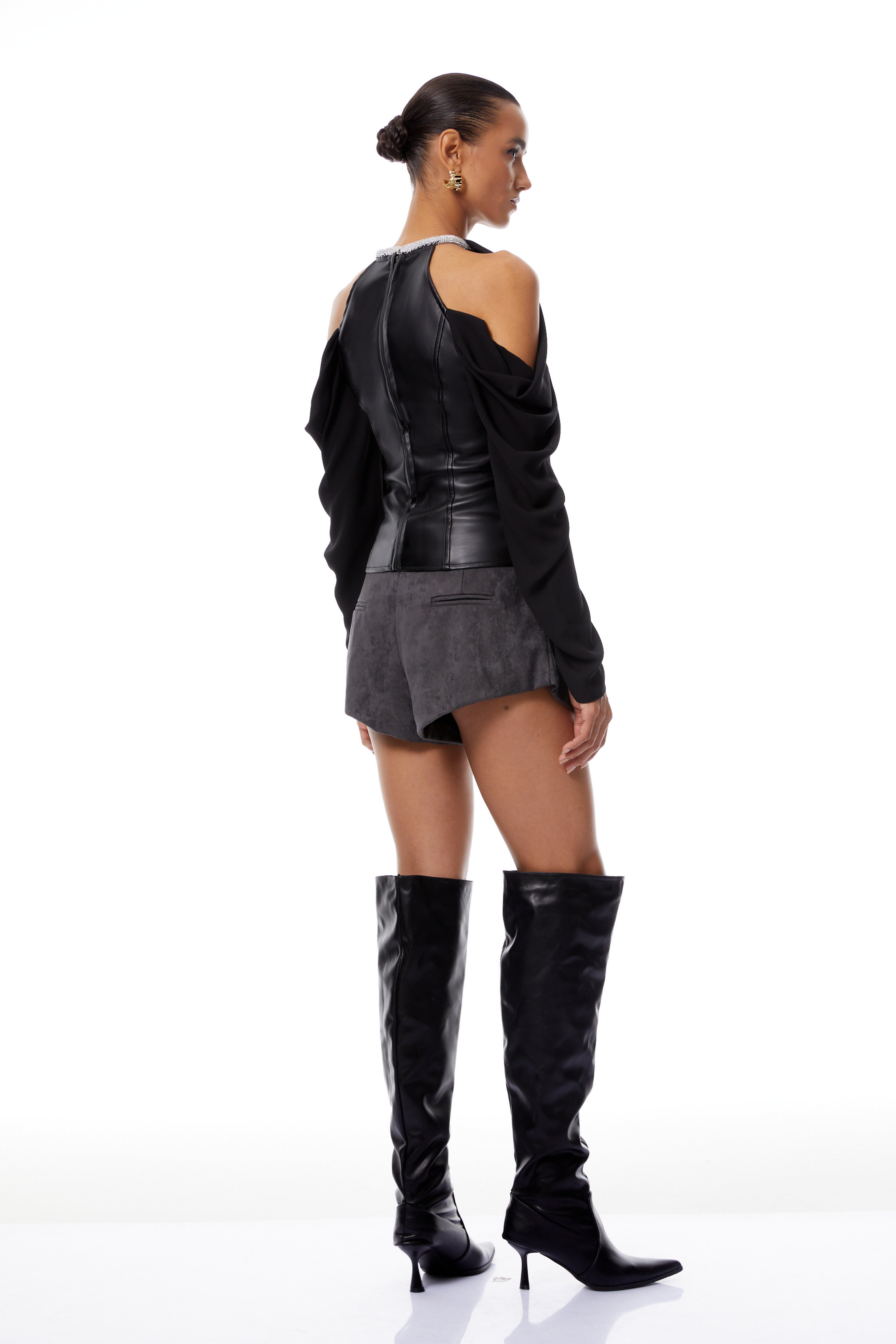 Ursa Black Cold Shoulder Leather Panel Blouse