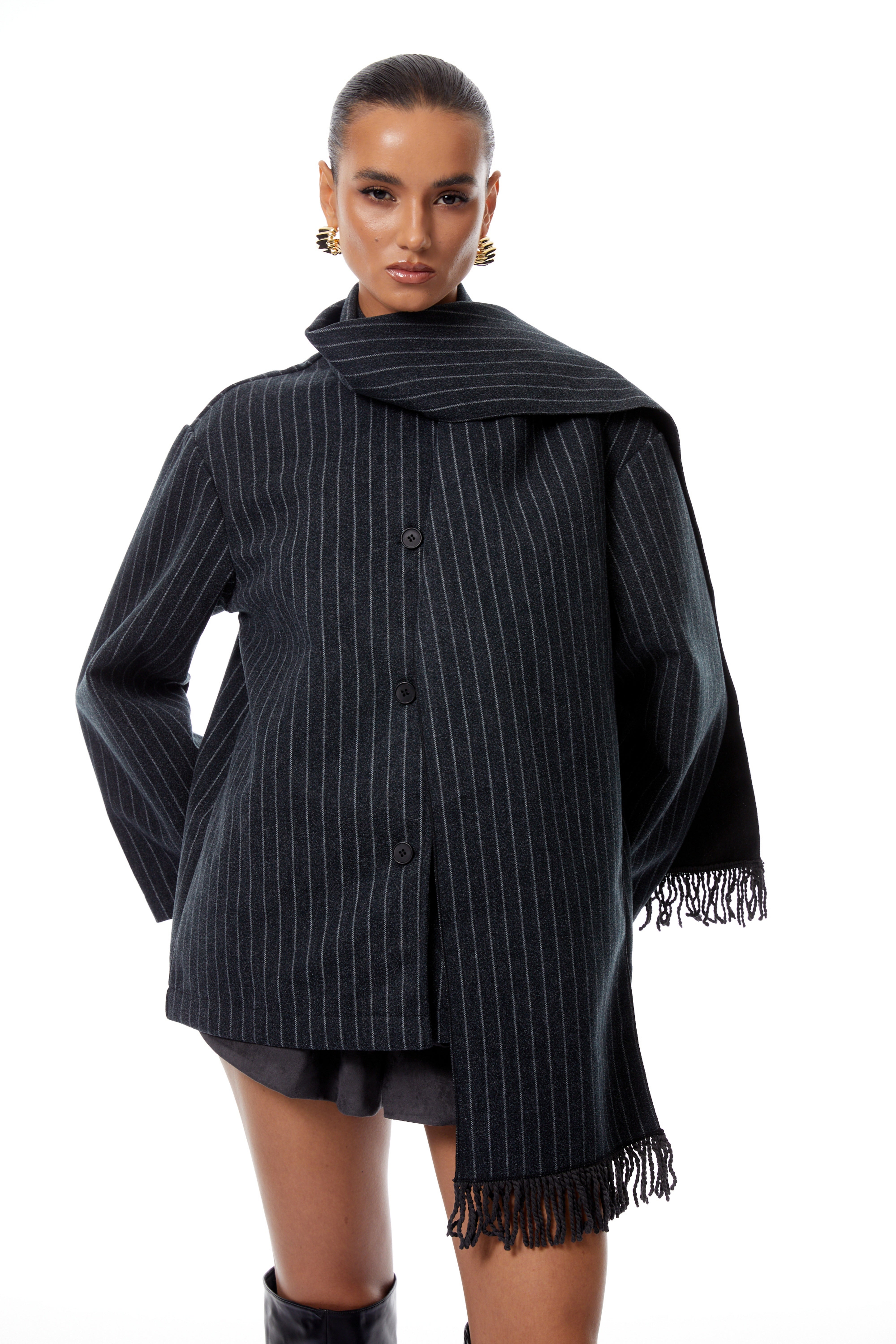 Carlotta Grey Scarf Striped Tweed Short Coat