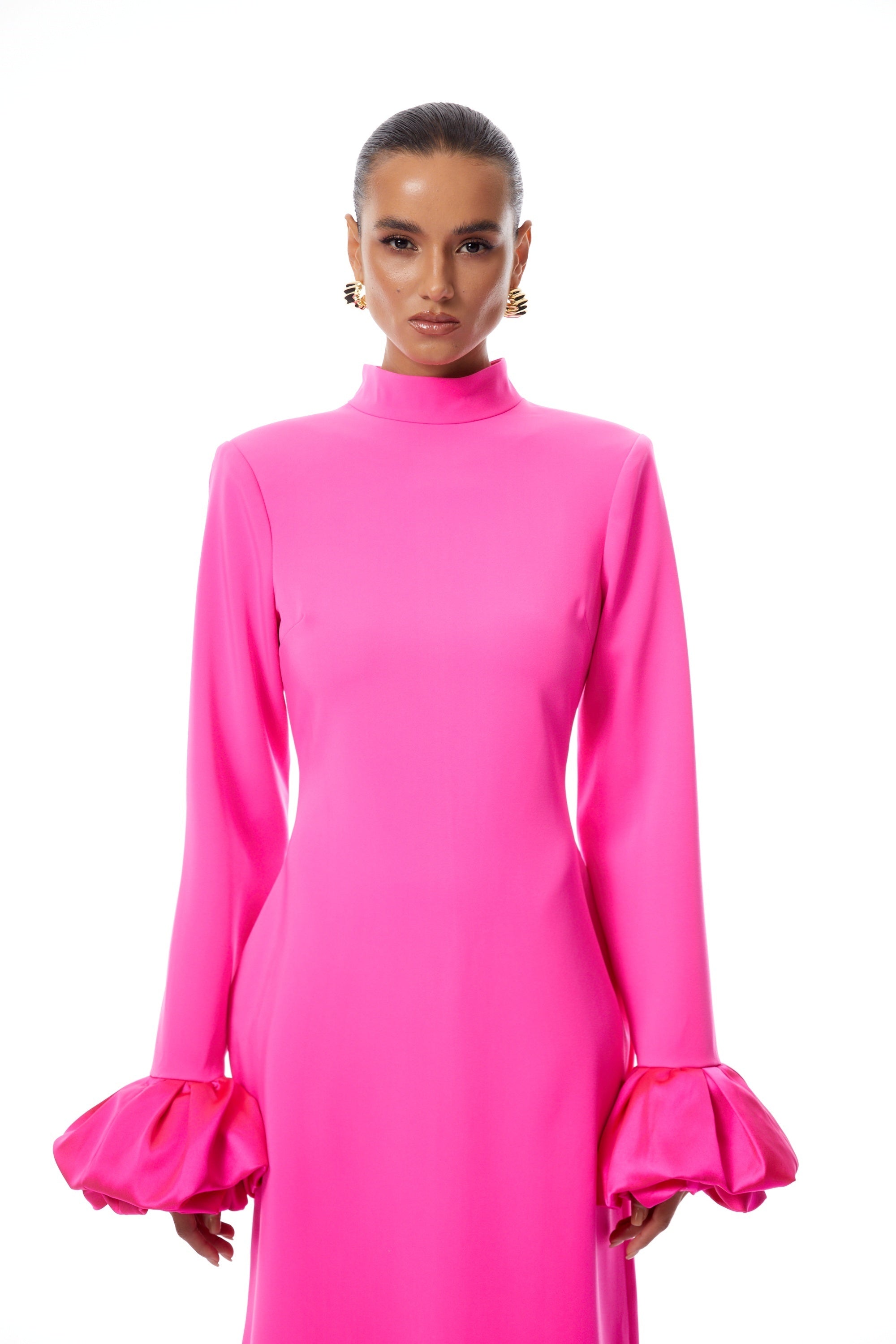 Eugenia Hot Pink Petal Cuff Maxi Dress