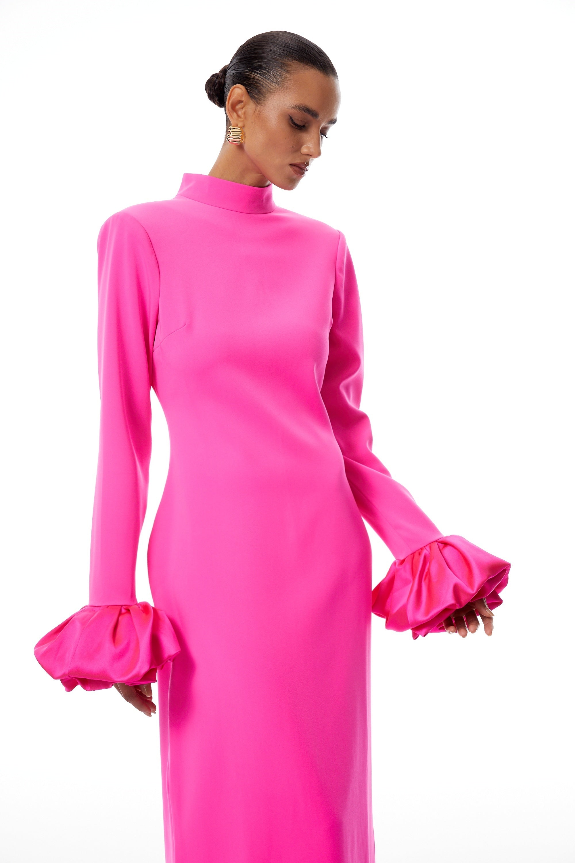 Eugenia Hot Pink Petal Cuff Maxi Dress