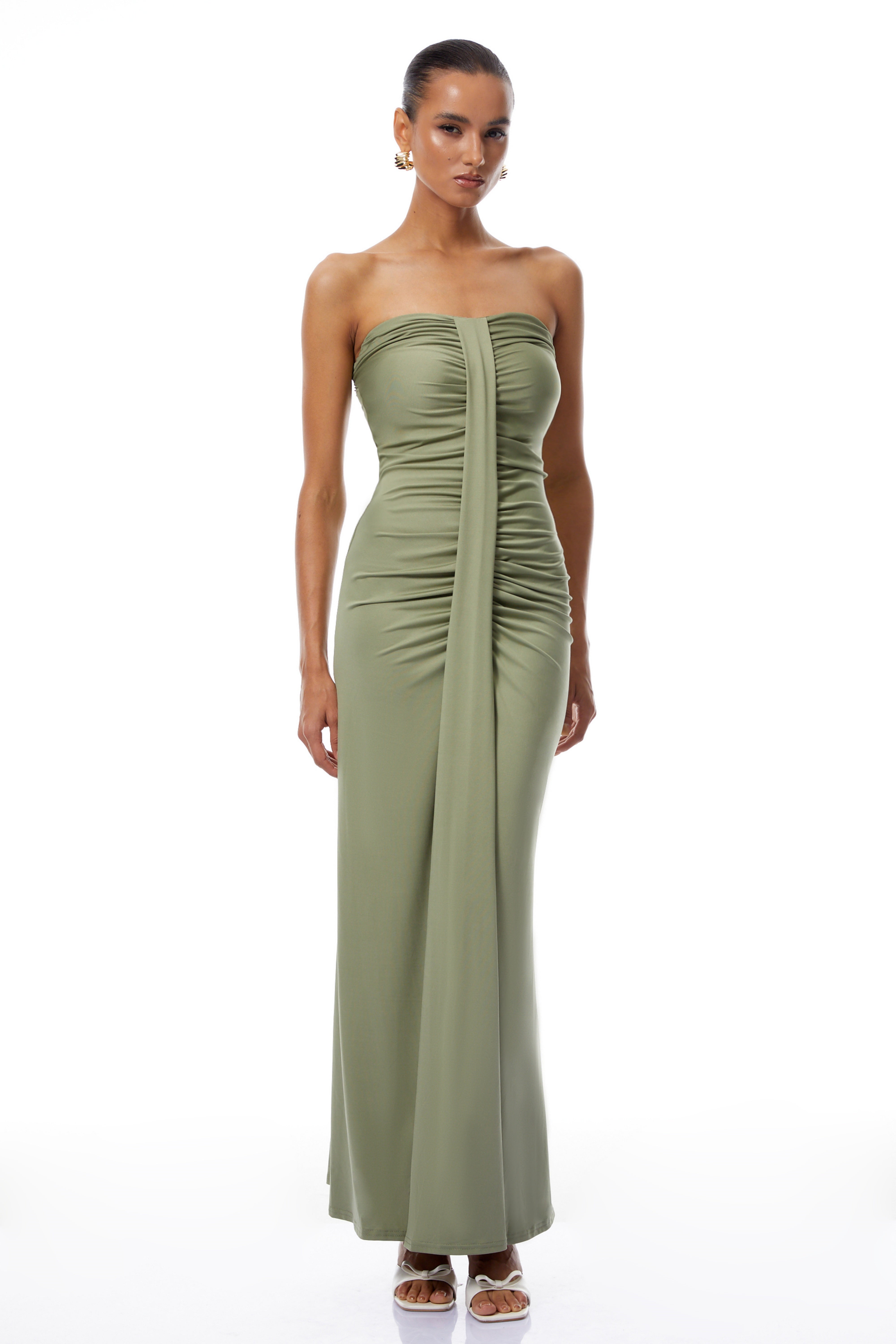 Micaela Green Off Shoulder Ruched Maxi Dress