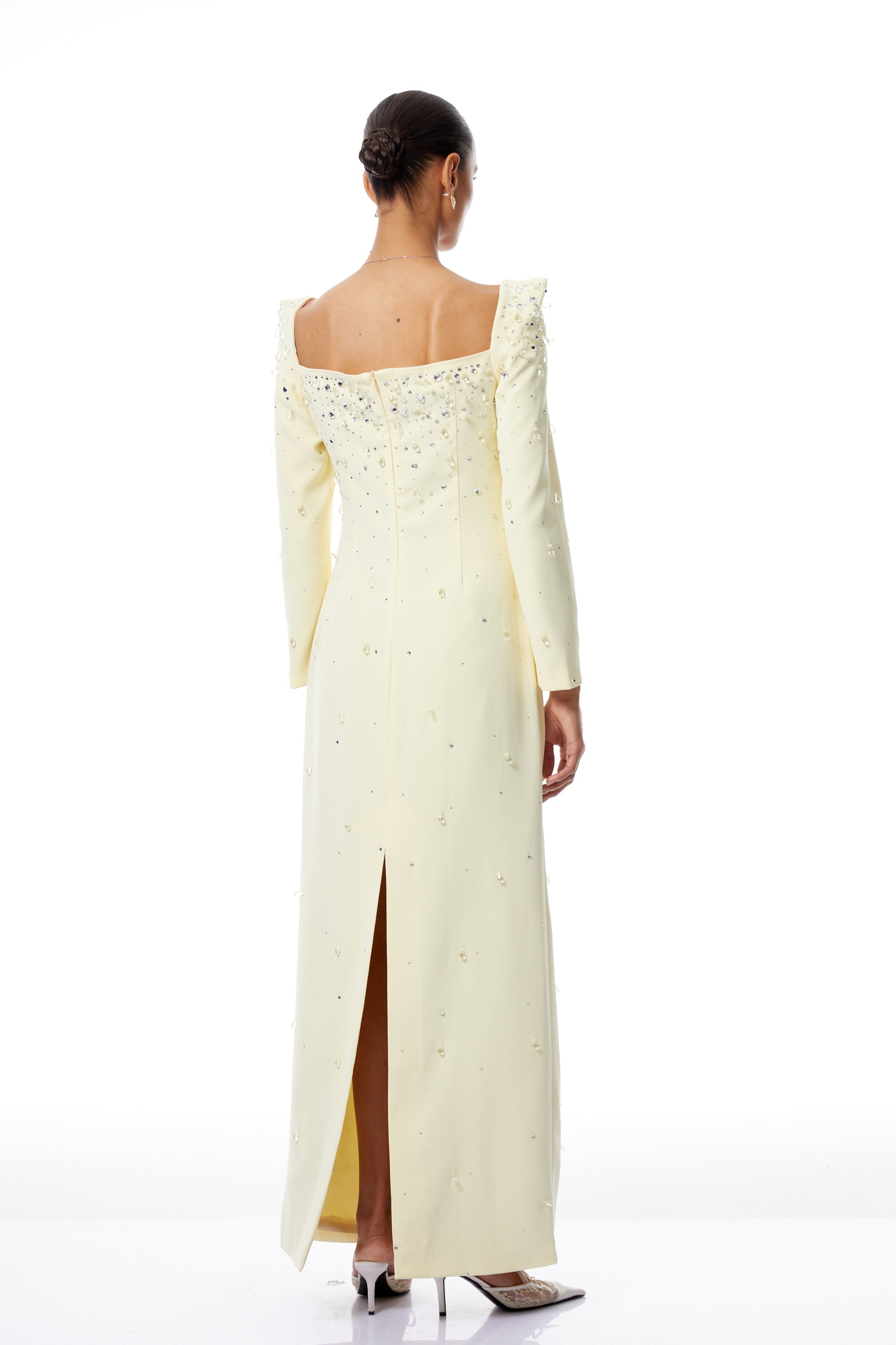 Carmela Yellow Square Neck Embellished Maxi Dress