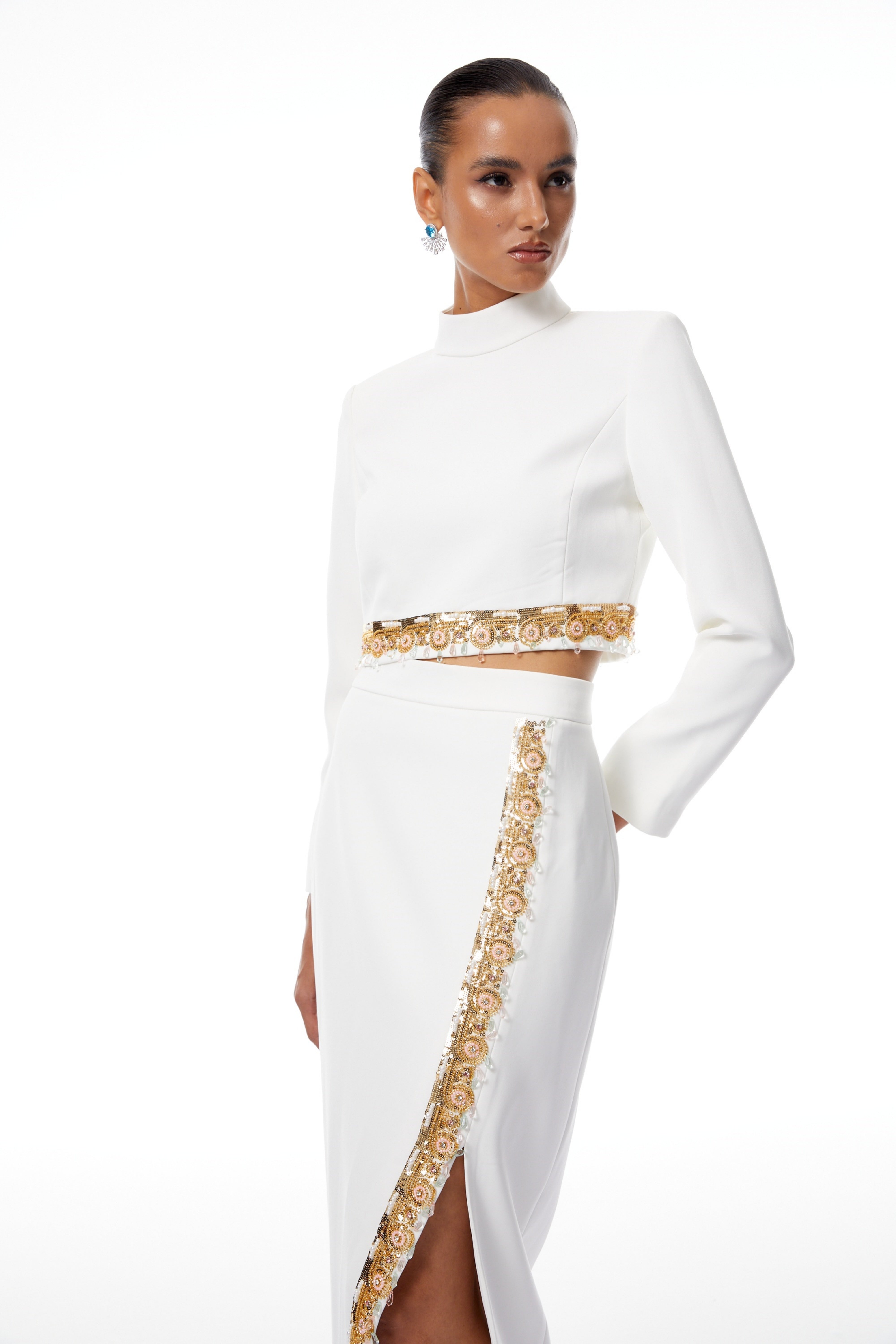 Blossom White Embellished Top & Skirt Set