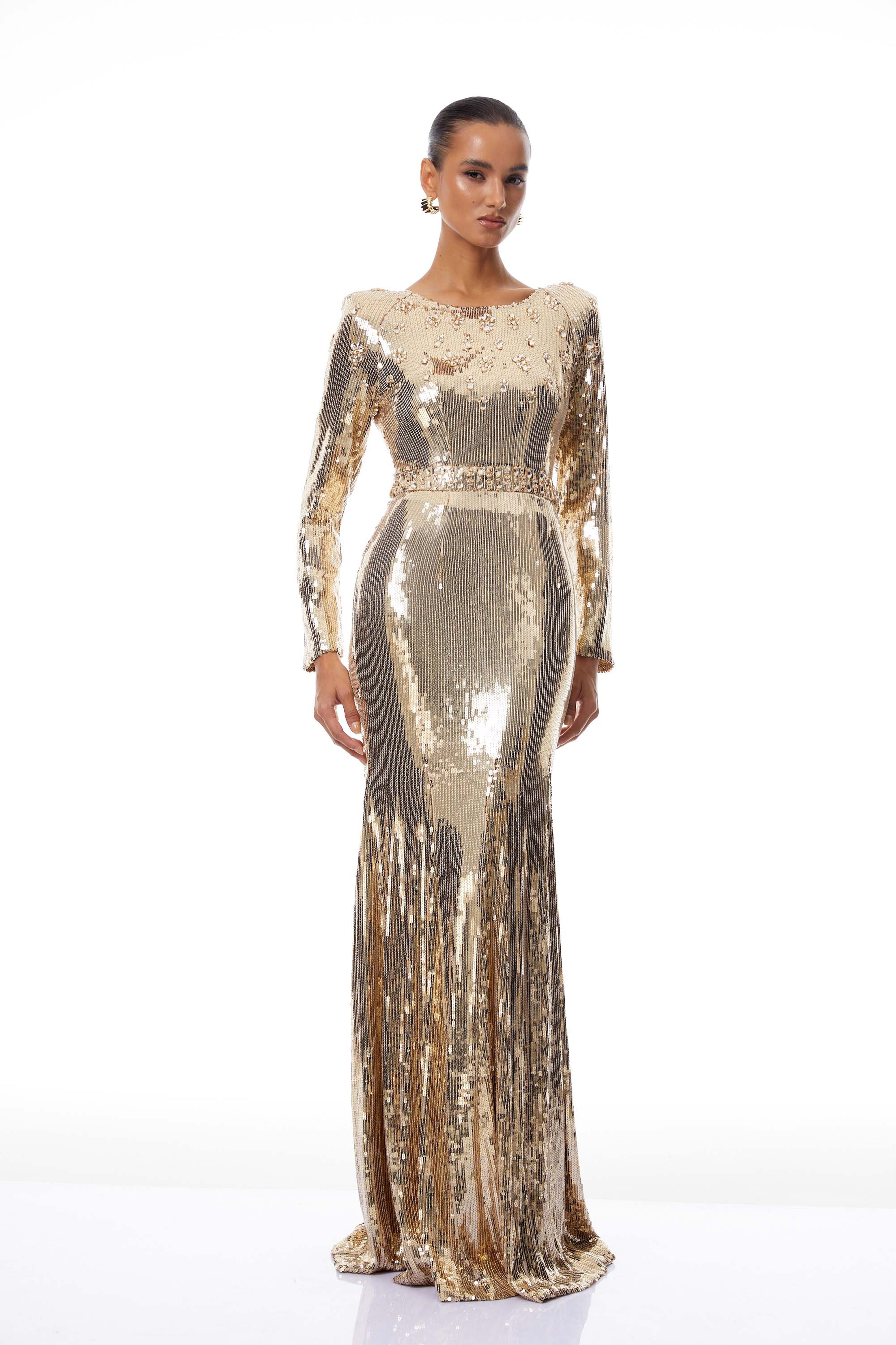 Federica Gold Train Sequined Maxi Dress