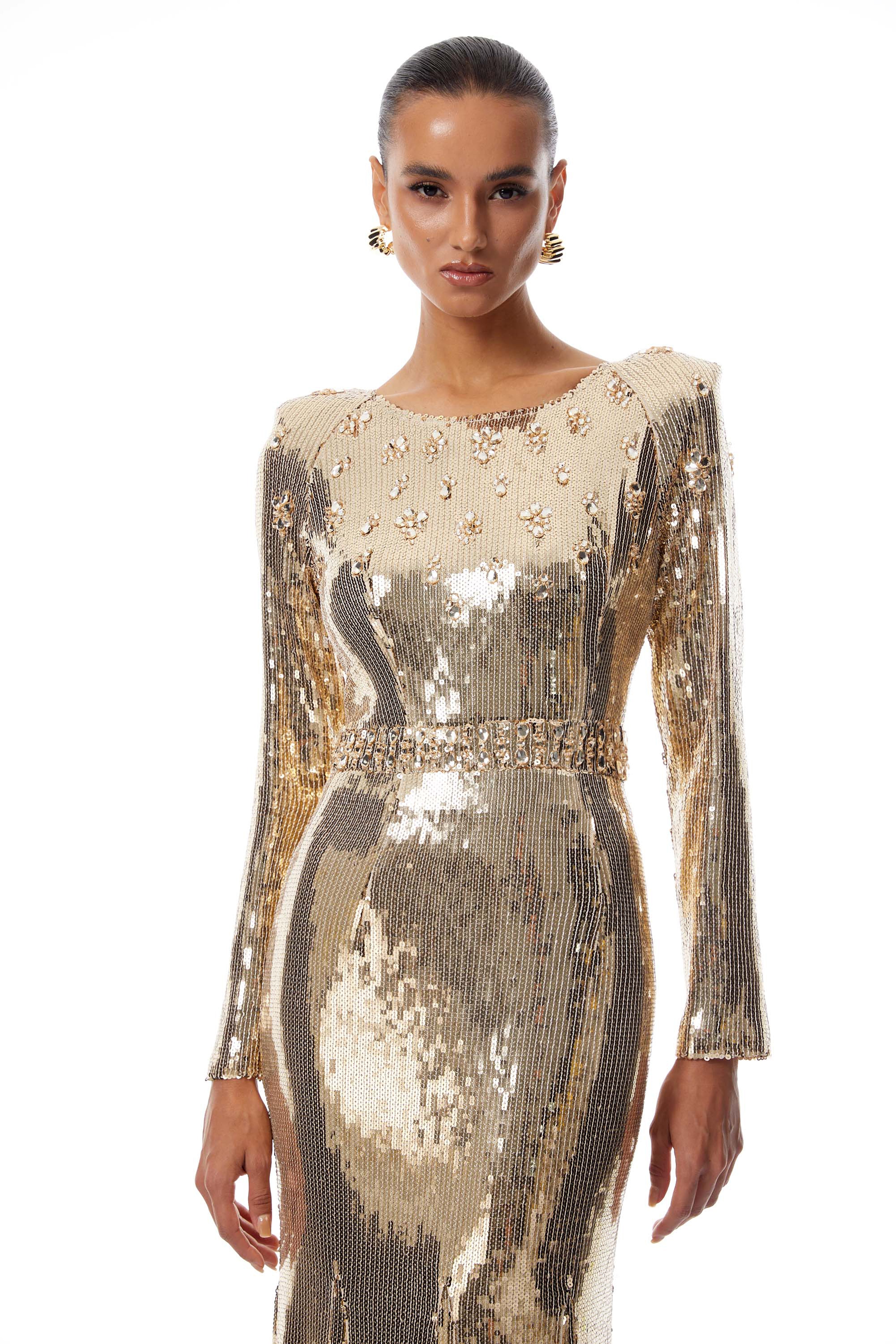 Federica Gold Train Sequined Maxi Dress