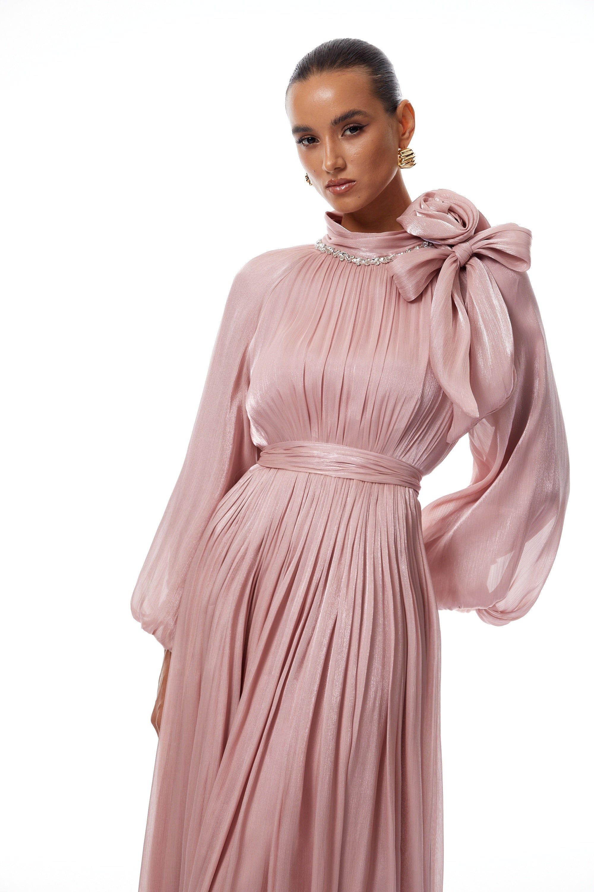 Birna Pink Floral Pleated Glossy Maxi Dress (Final Sale-US Only)