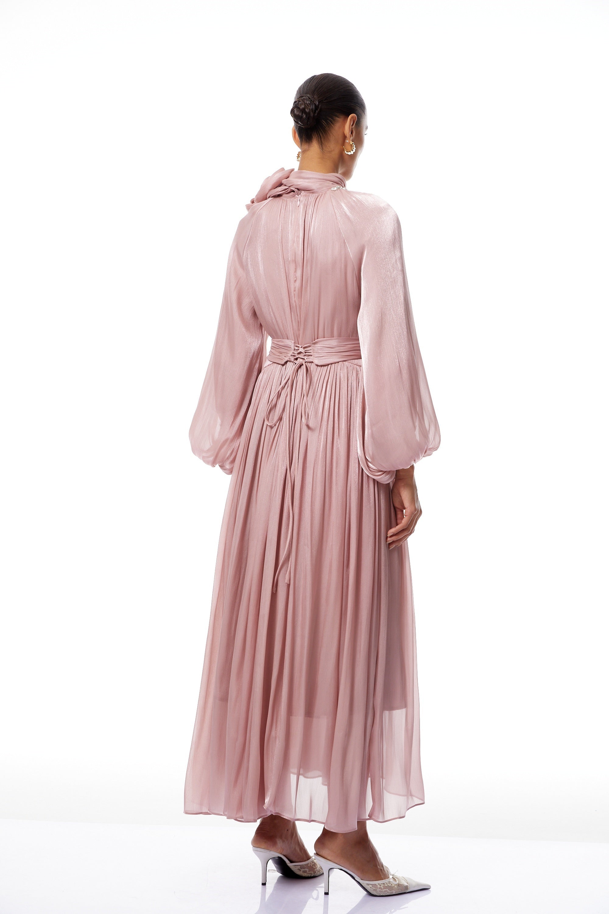 Birna Pink Floral Pleated Glossy Maxi Dress
