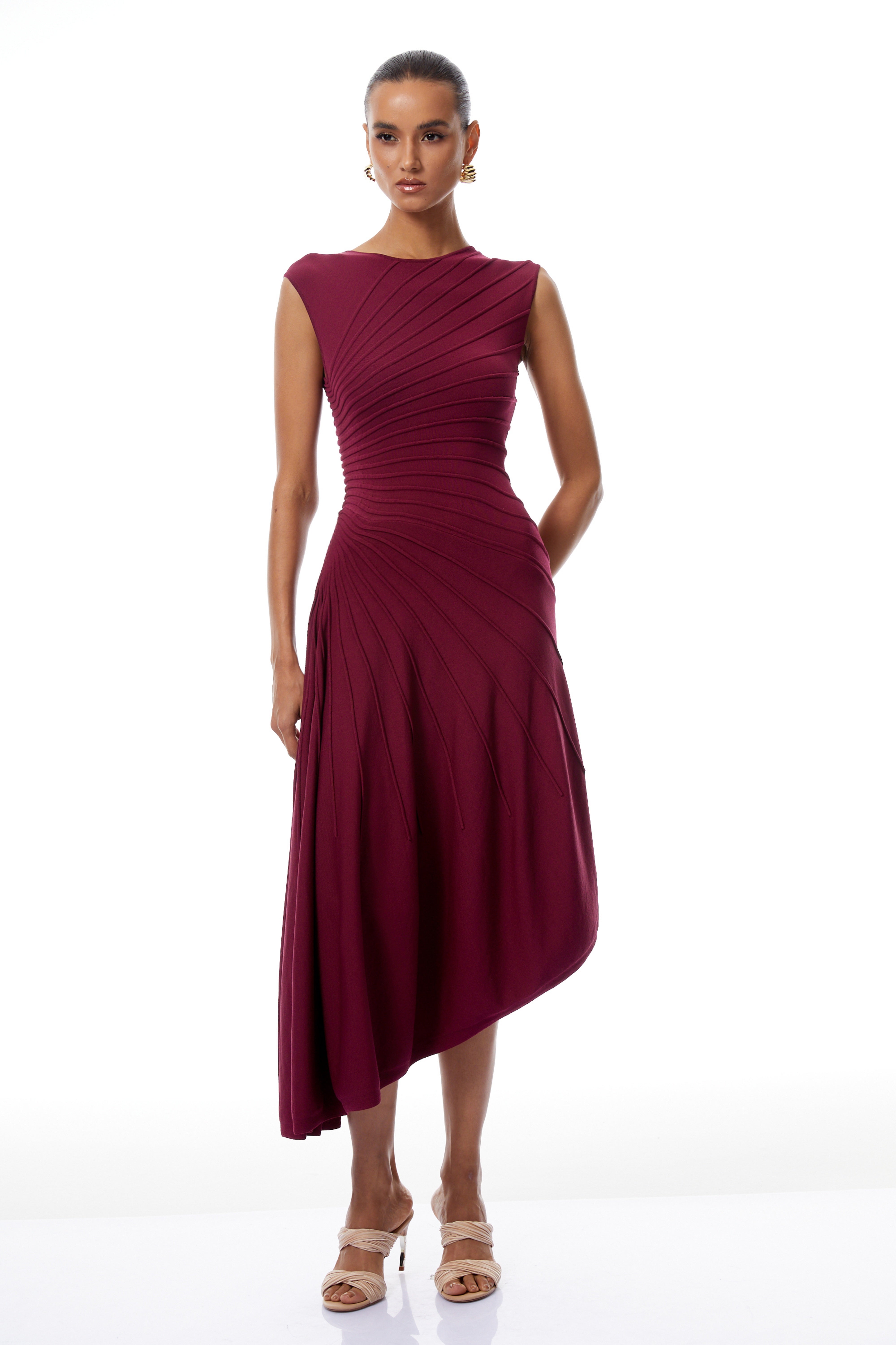 Orietta Burgundy Asymmetrical Draped Knit Midi Dress