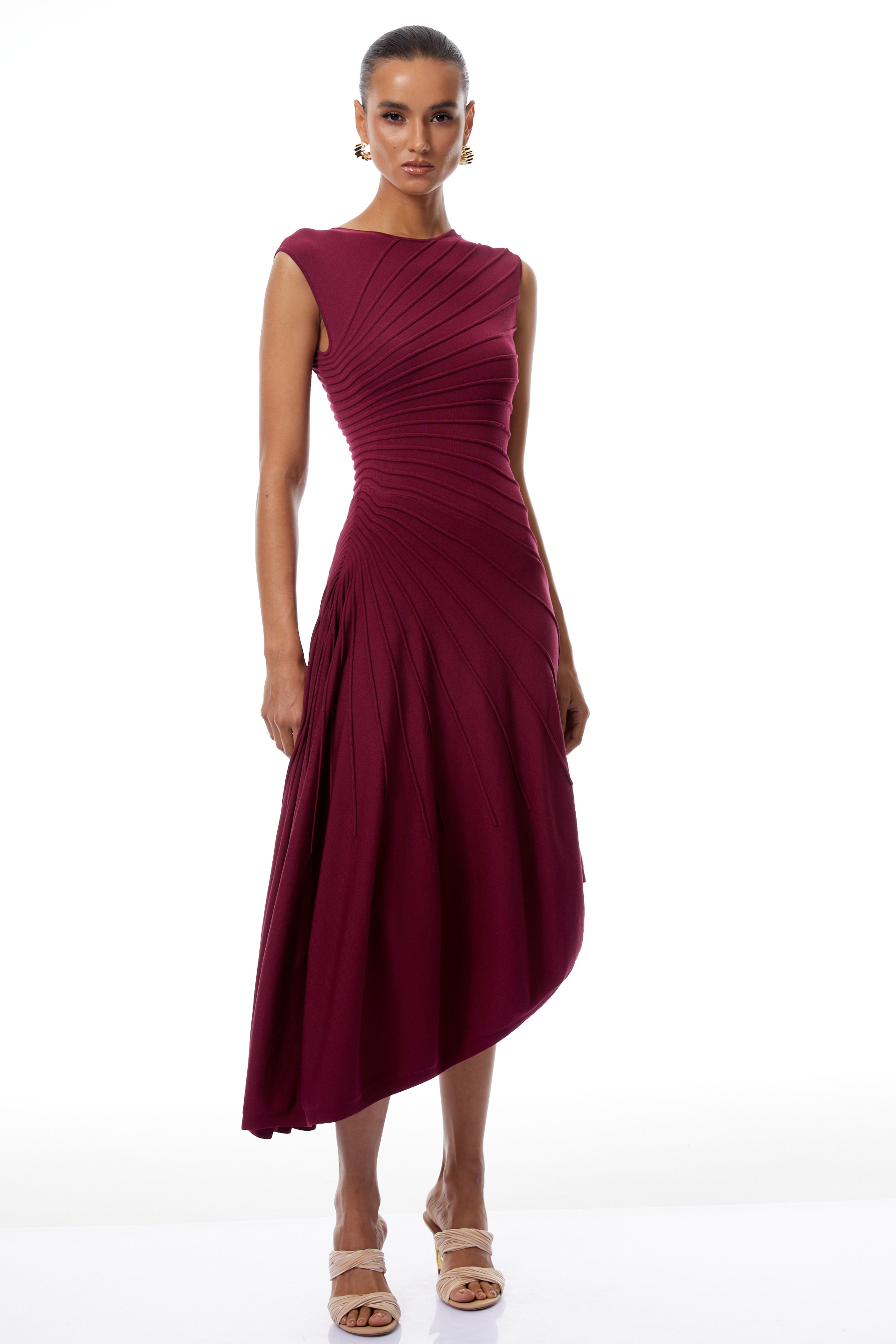 Orietta Burgundy Asymmetrical Draped Knit Midi Dress (Final Sale-US Only)