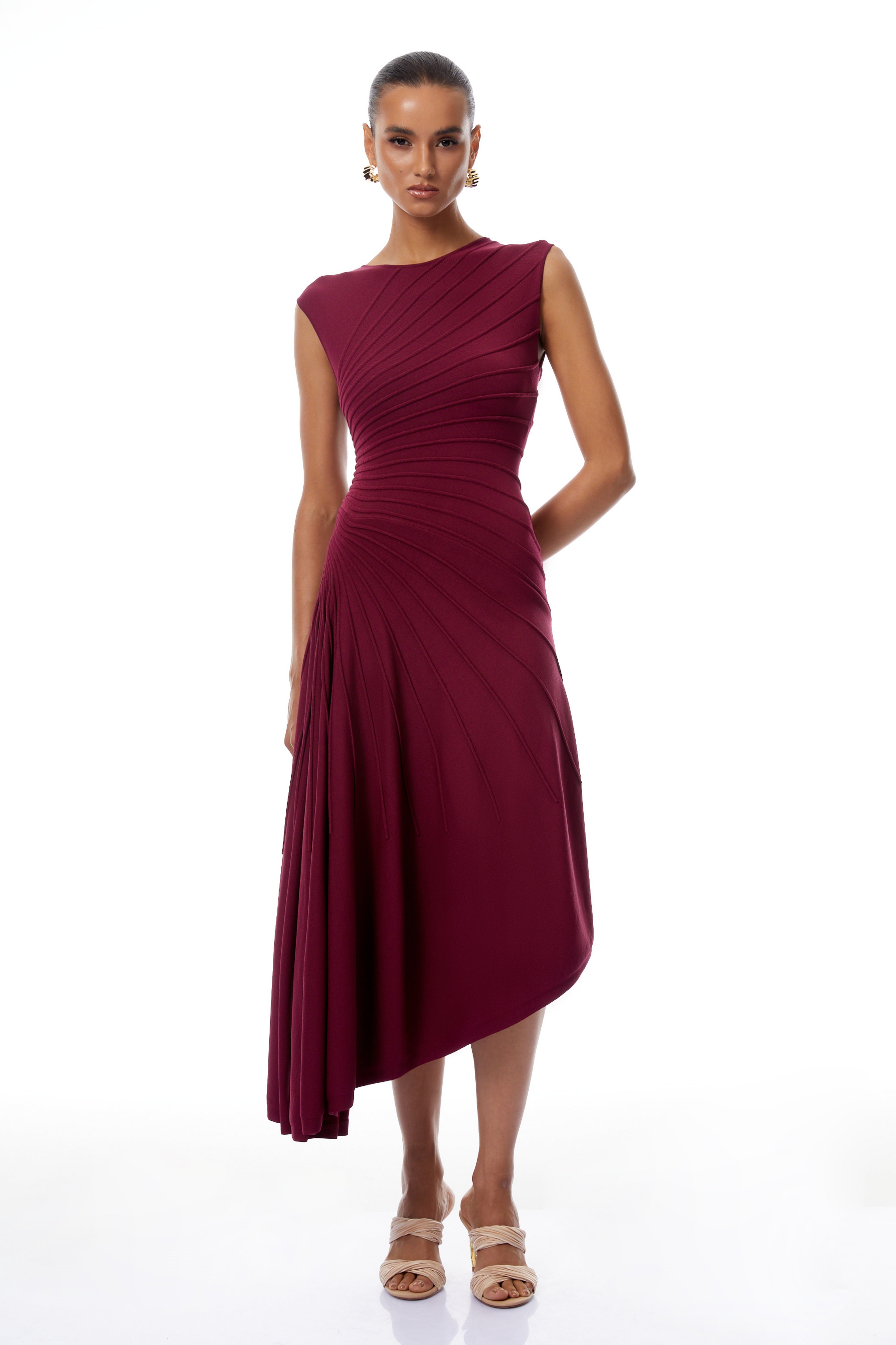 Orietta Burgundy Asymmetrical Draped Knit Midi Dress (Final Sale-US Only)
