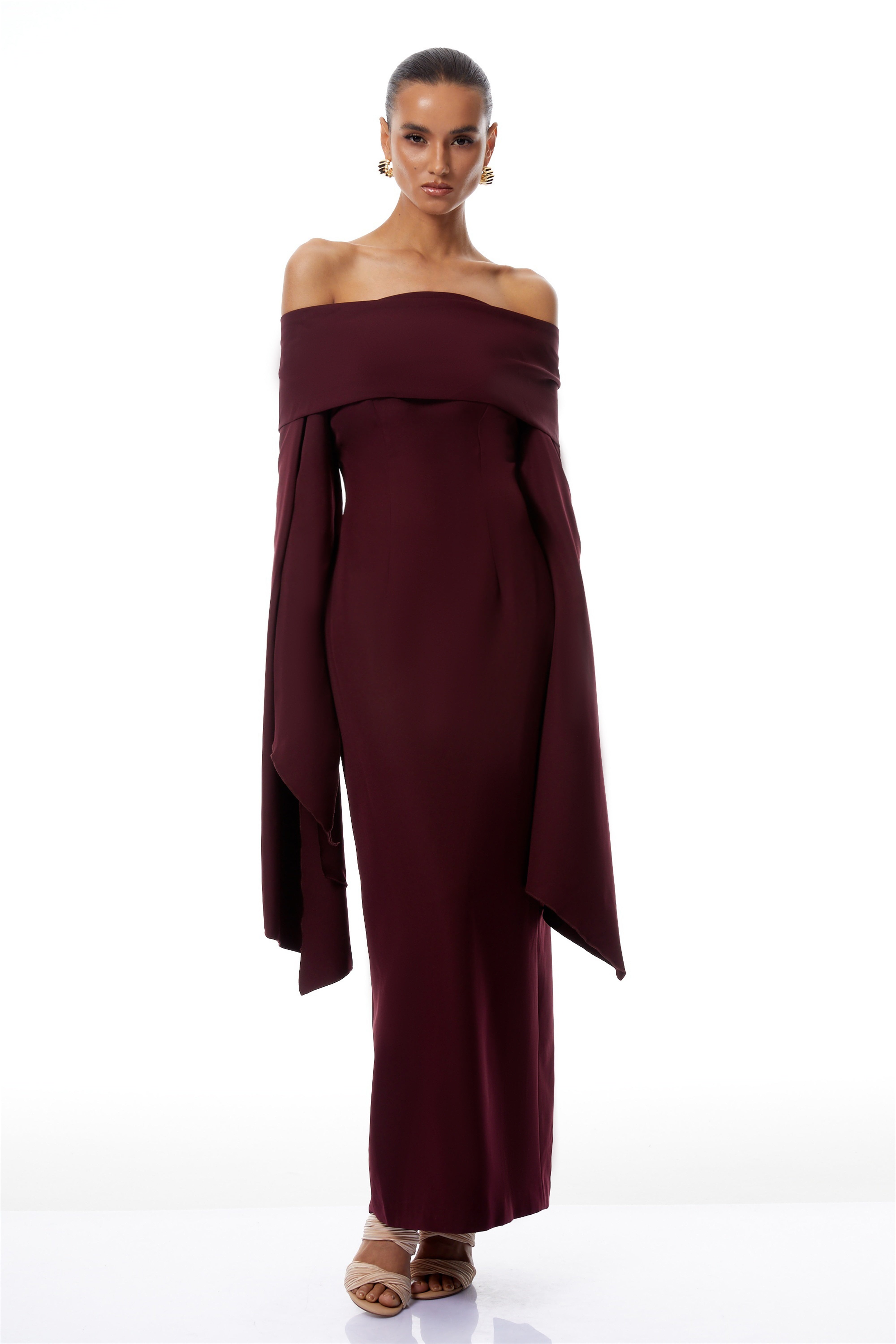 Dorotea Burgundy Off Shoulder Maxi Gown