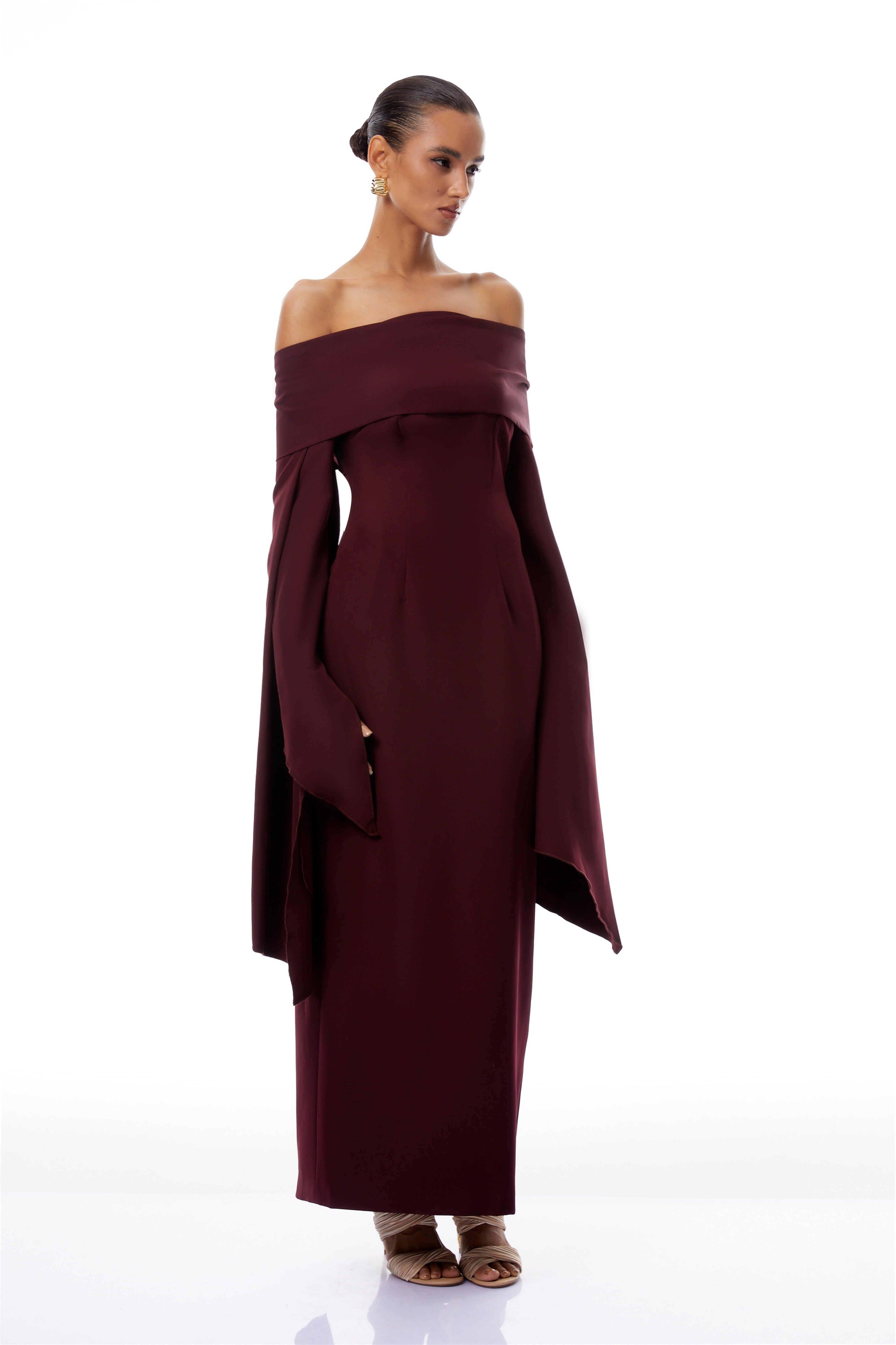 Dorotea Burgundy Off Shoulder Maxi Gown