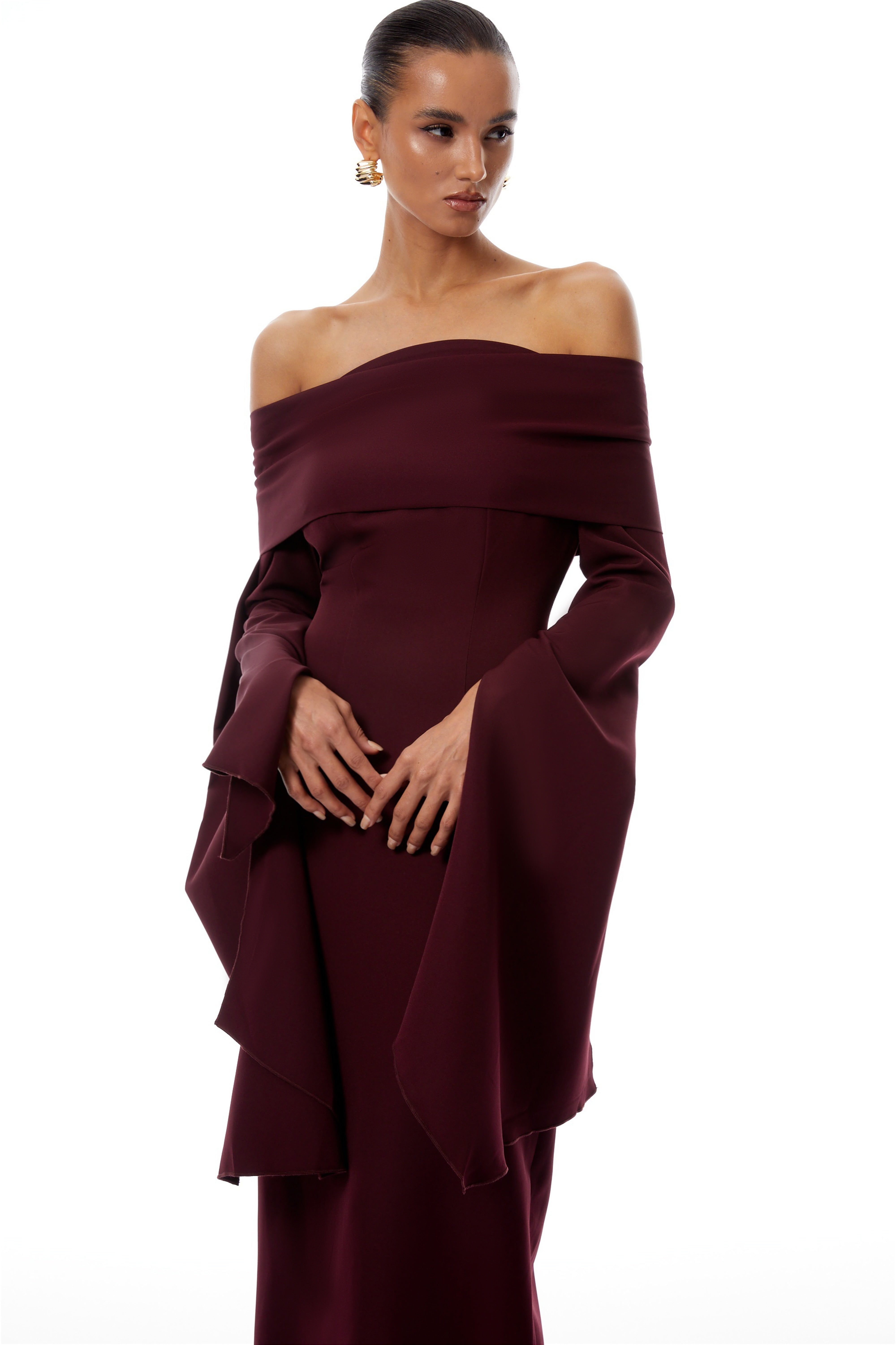 Dorotea Burgundy Off Shoulder Maxi Gown