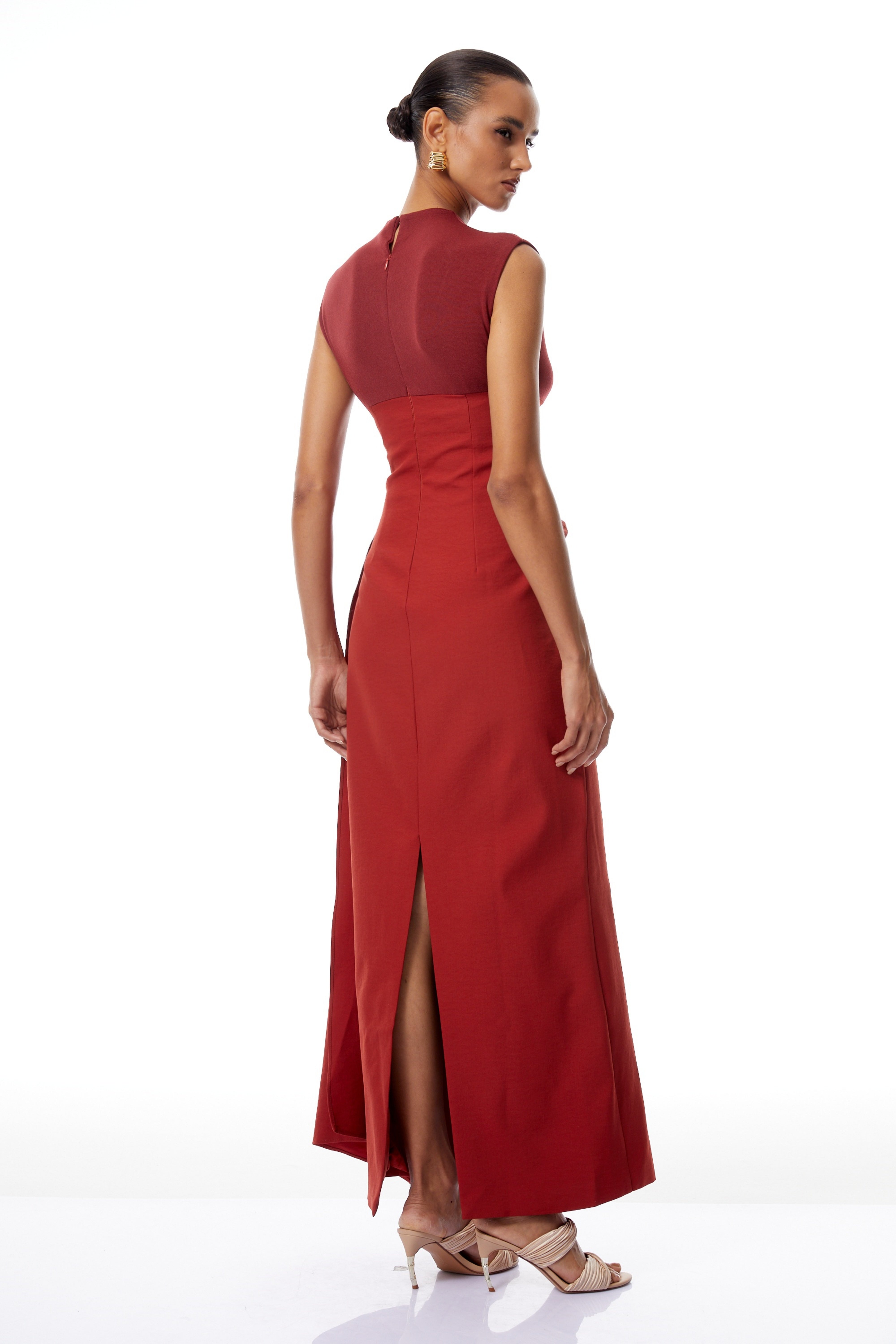 Arna Red Knit Panel Gathered Maxi Dress