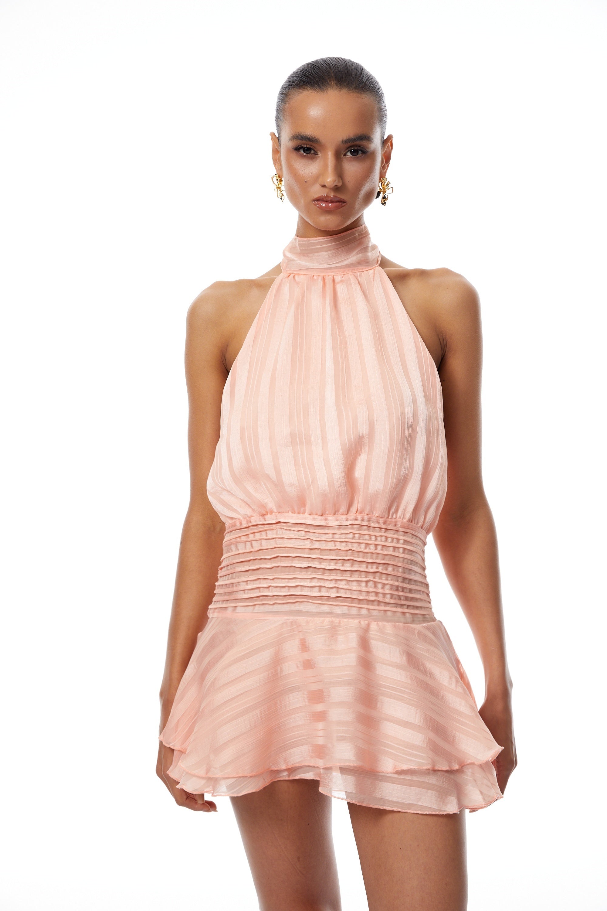 Ginevra Pink Halterneck Pleated Chiffon Mini Dress (Final Sale-US Only)
