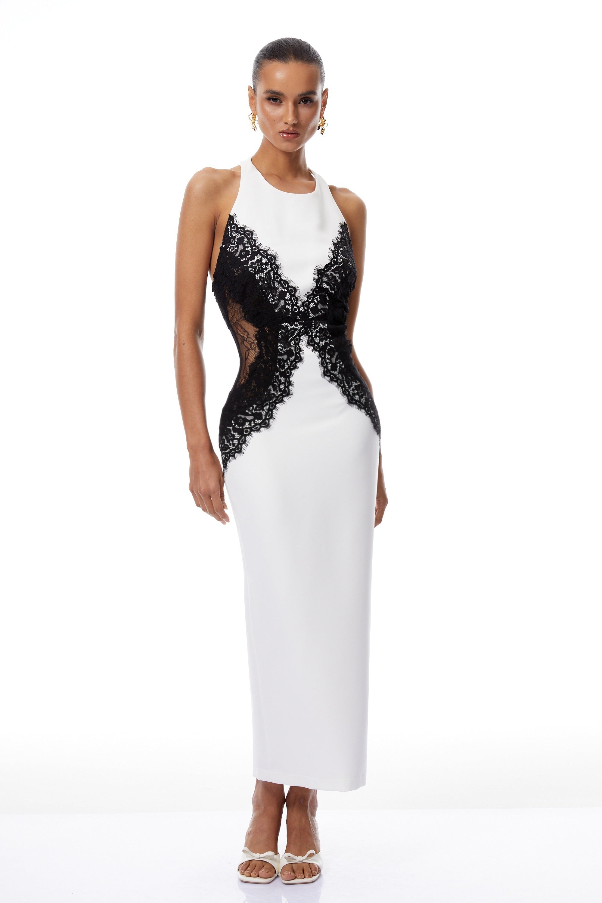 Ilaria White Halterneck Lace Panel Maxi Dress