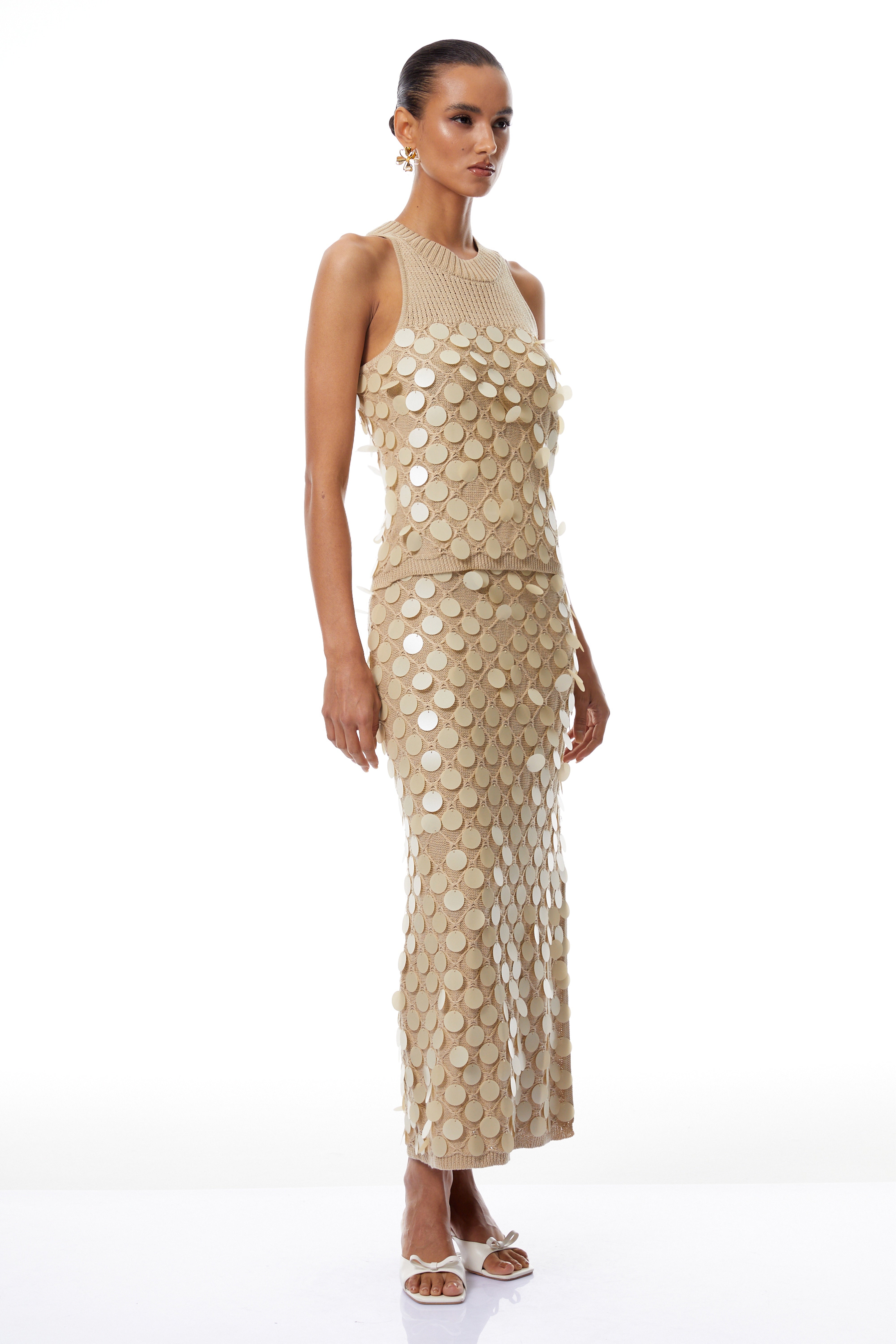 Vincenza Neutral Sequin Chain Disc Knit Matching Set