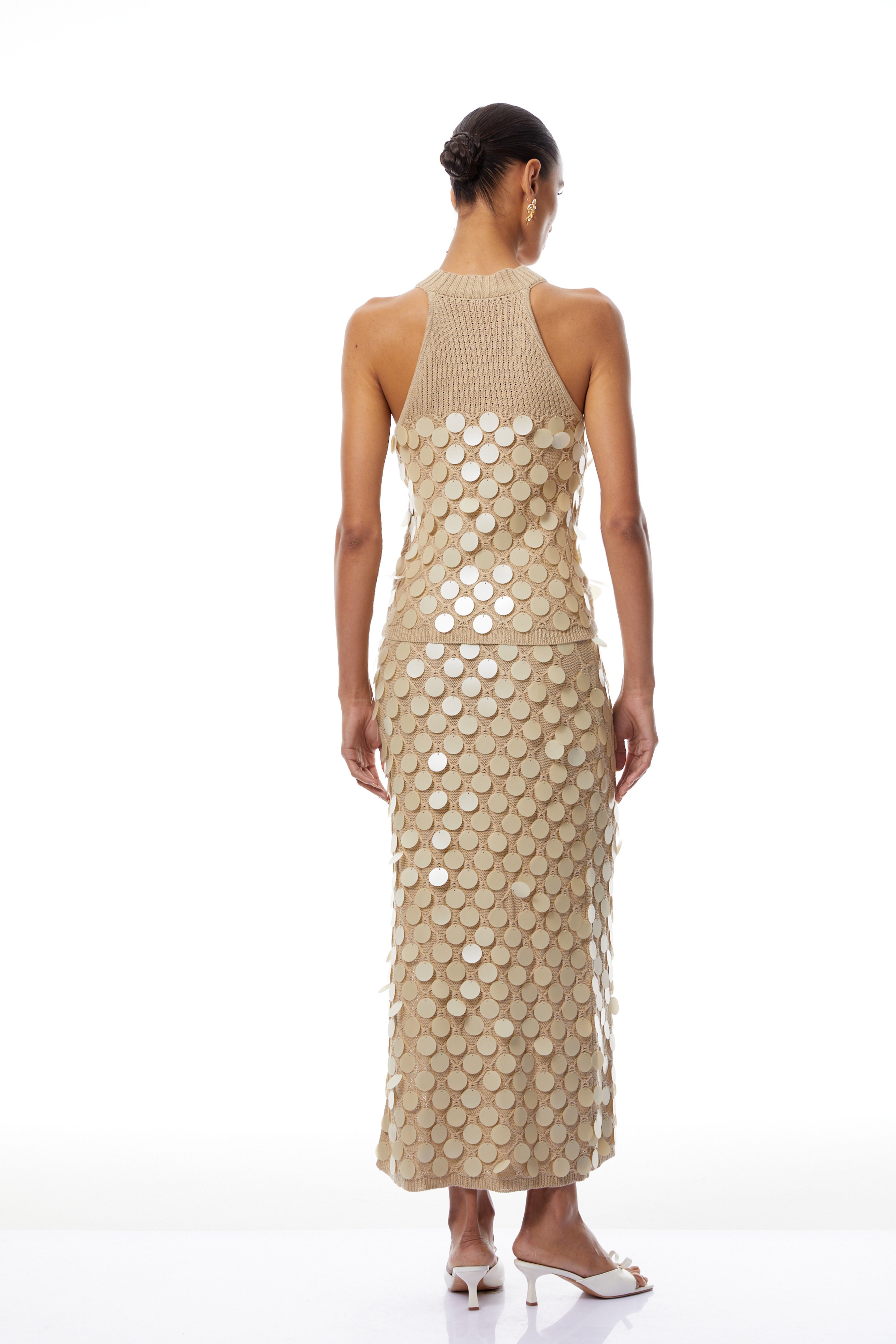 Vincenza Neutral Sequin Chain Disc Knit Matching Set