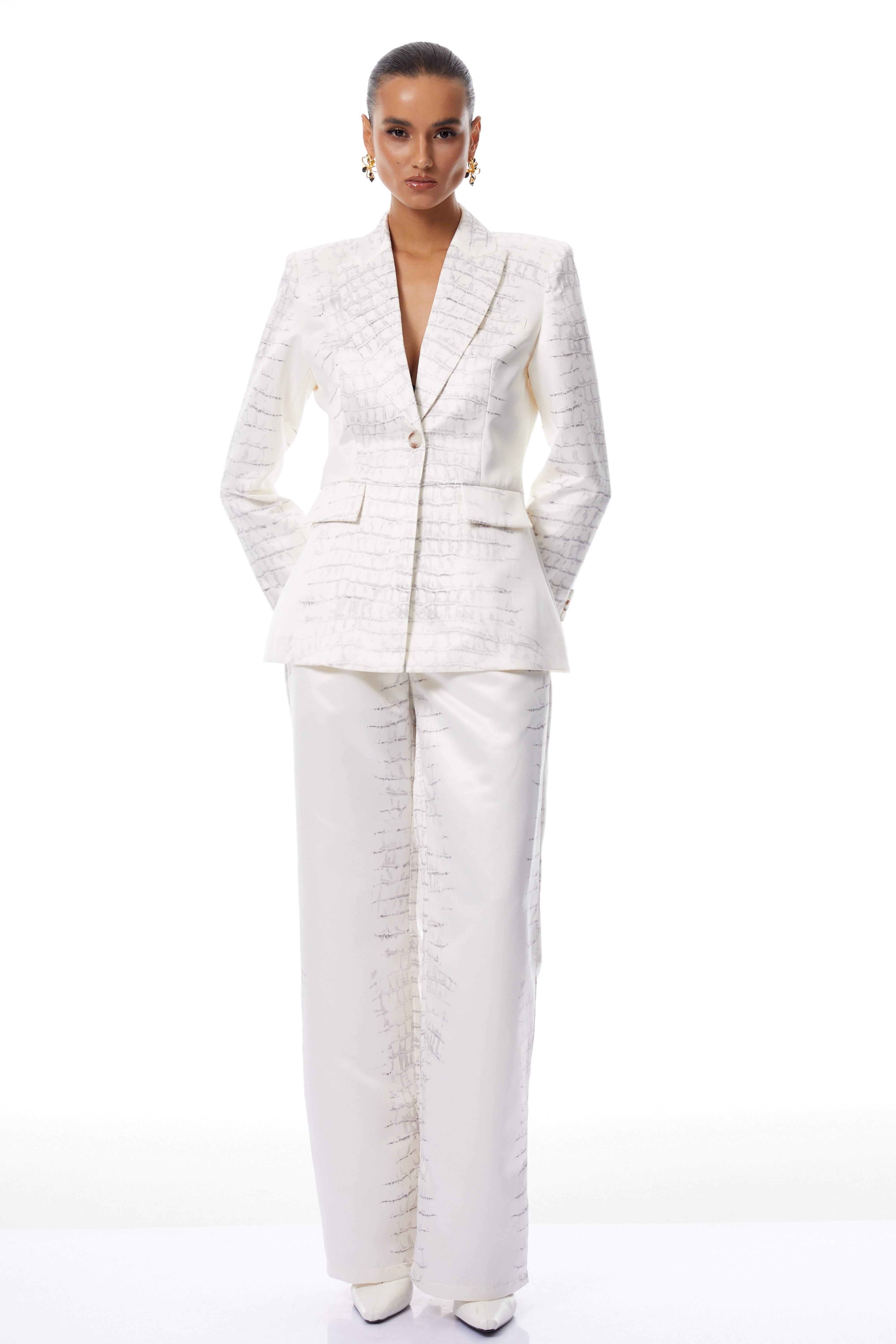 Abril White Crocodile Print Blazer & Trousers Set