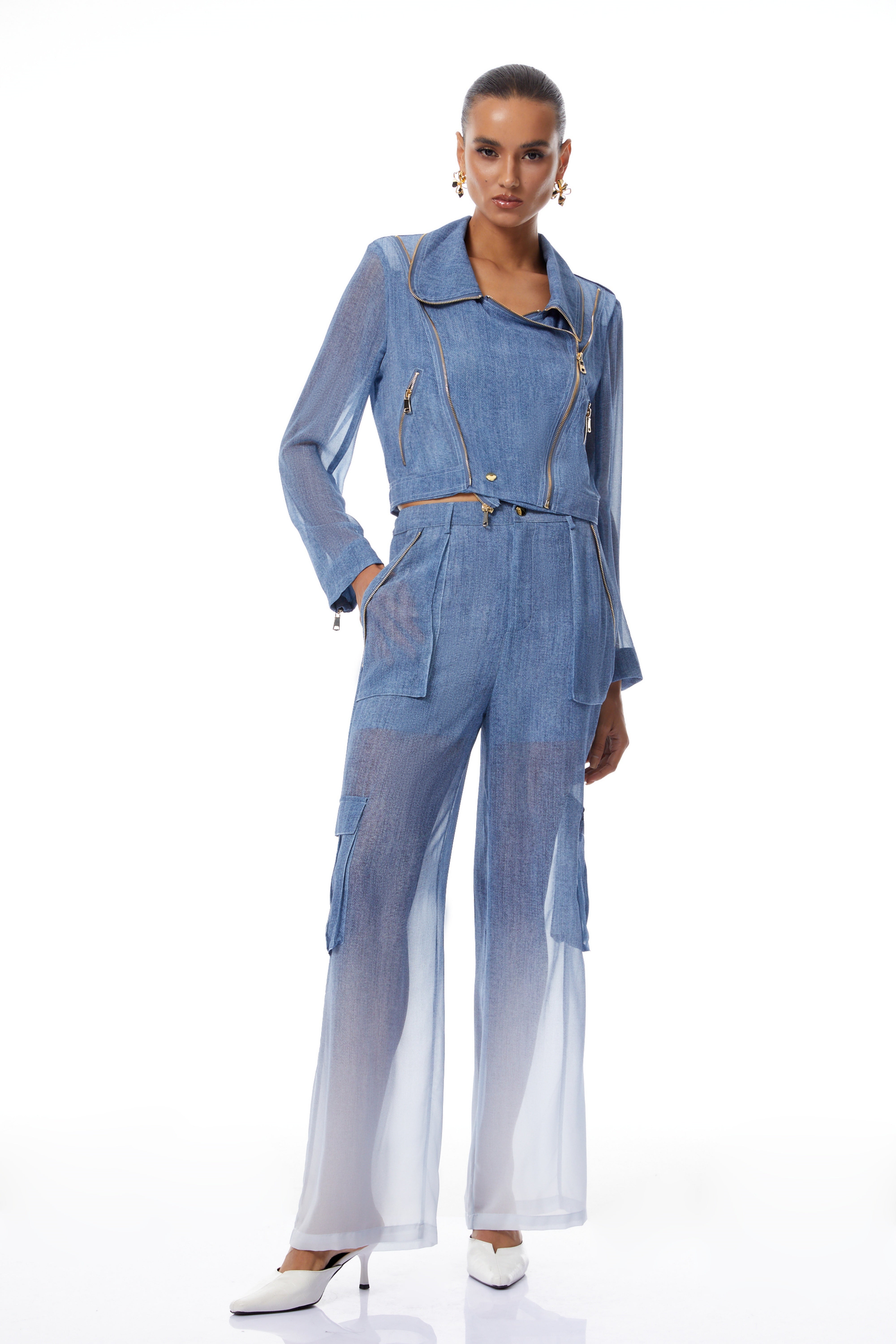 Doriane Blue Zip Detail Denim Jacket & Jeans Set