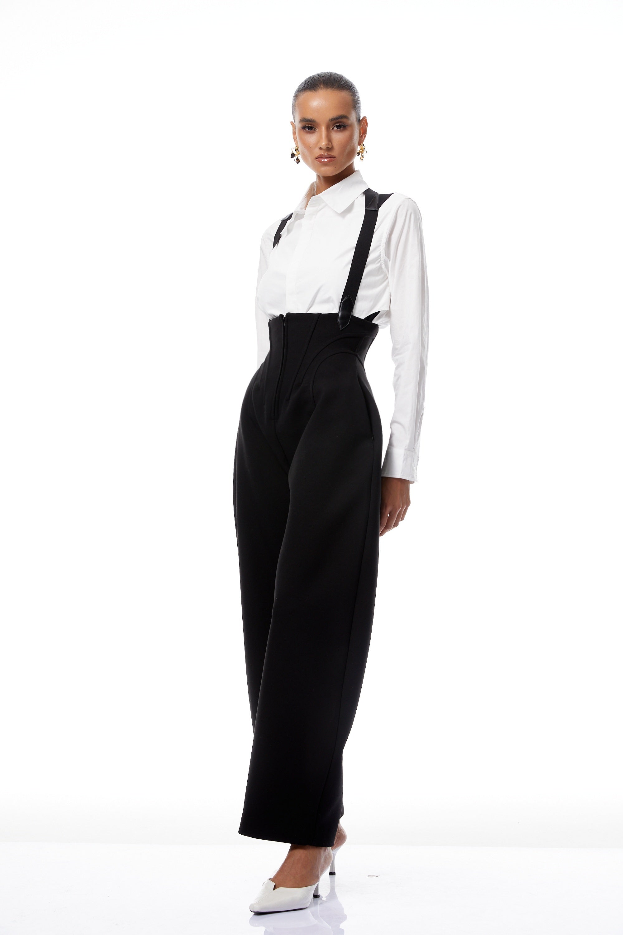 Ivona Black Boned Bodice Wide Leg Overalls