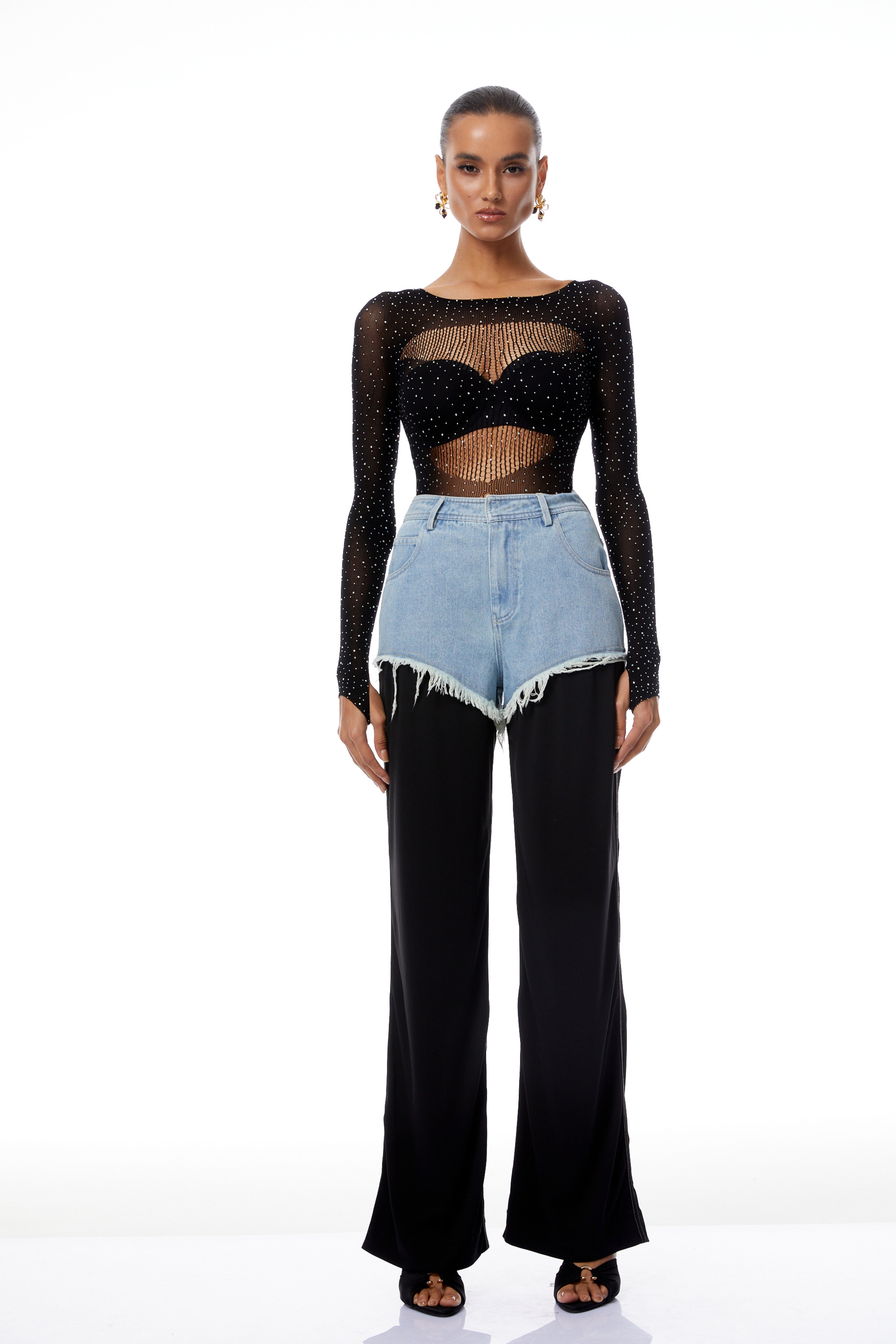 Jovie Black Rhinestone Pointelle Knit Bodysuit