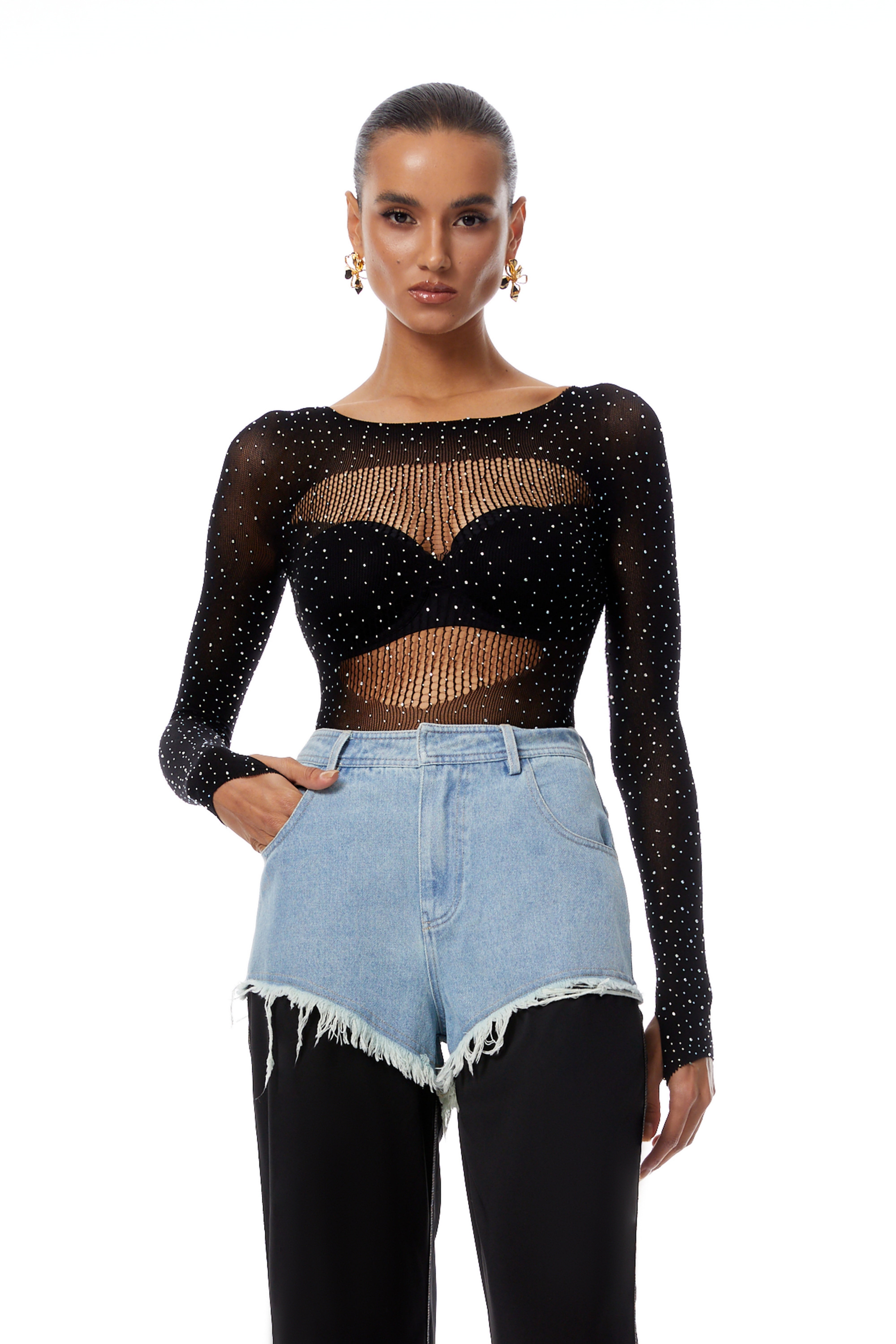 Jovie Black Rhinestone Pointelle Knit Bodysuit