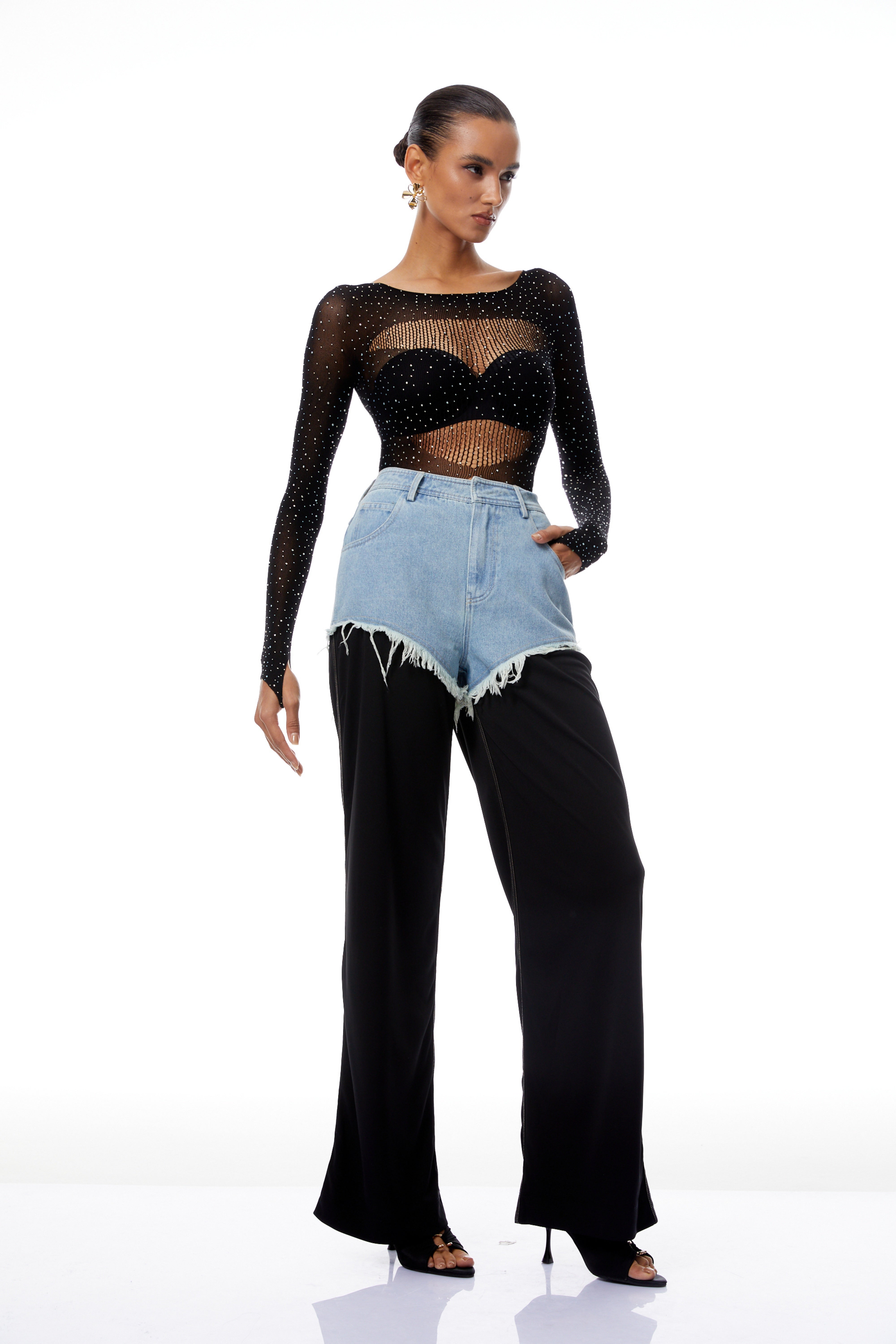 Jovie Black Rhinestone Pointelle Knit Bodysuit