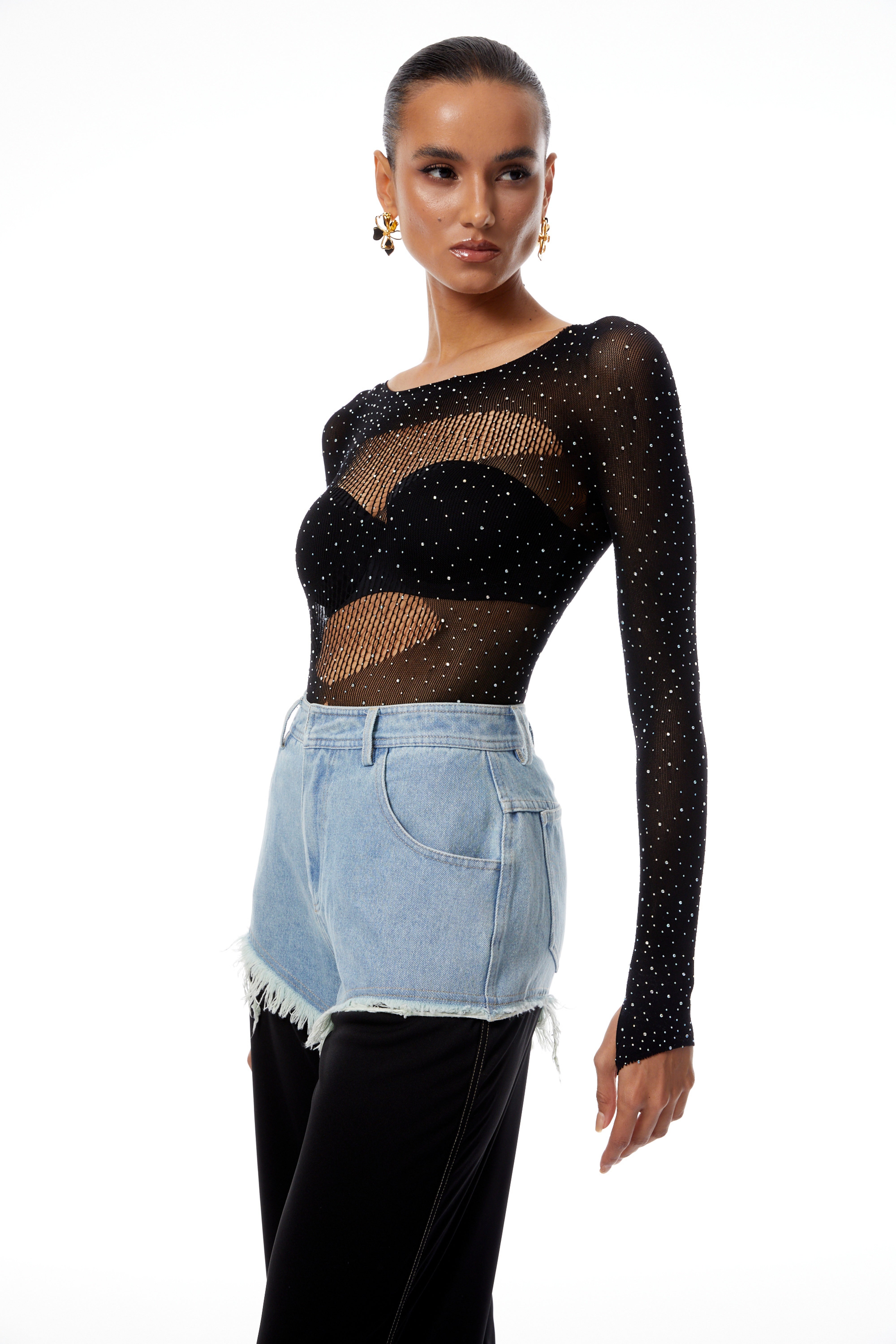 Jovie Black Rhinestone Pointelle Knit Bodysuit