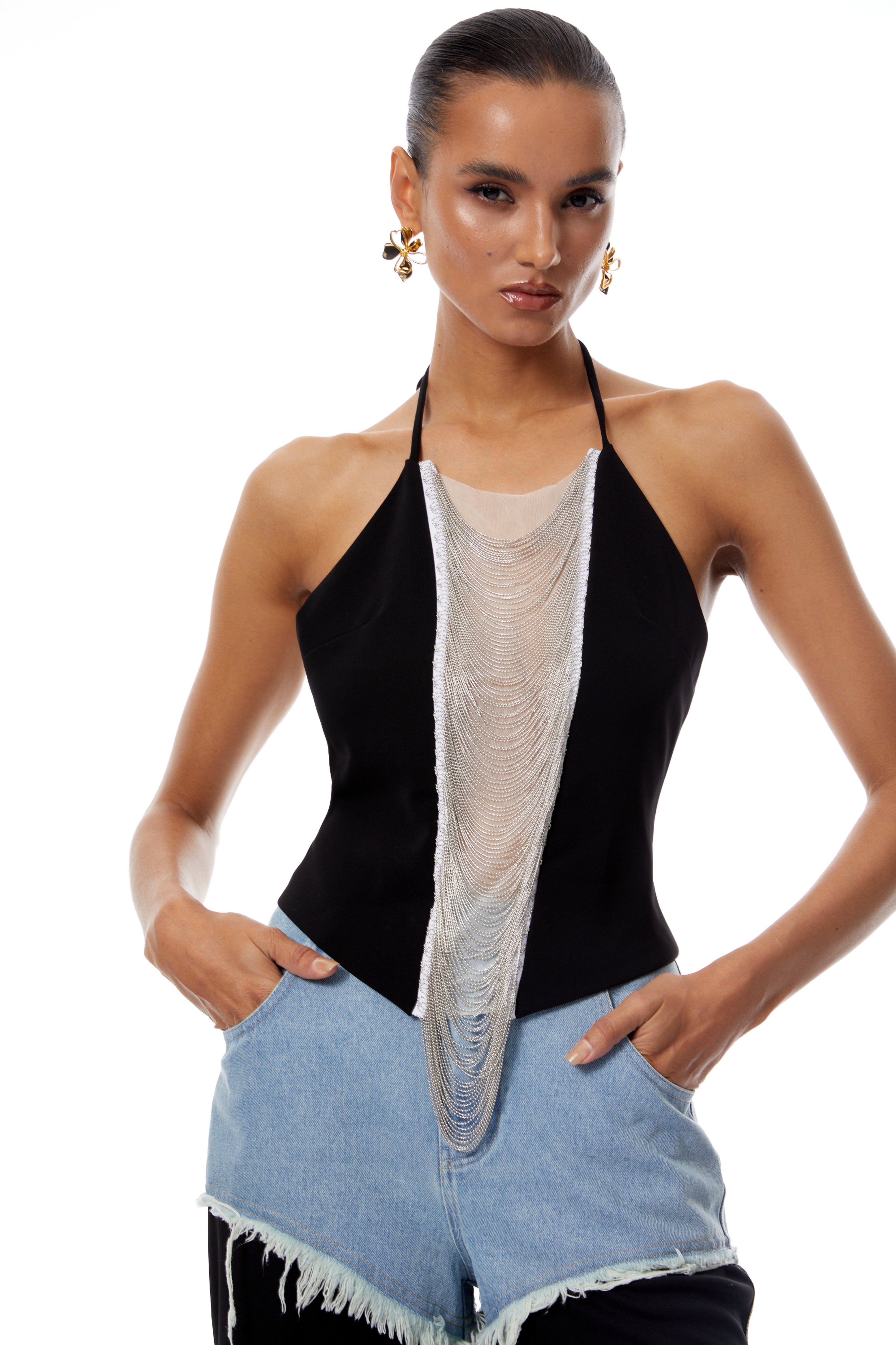 Carla Black Halterneck Fringed Crop Top