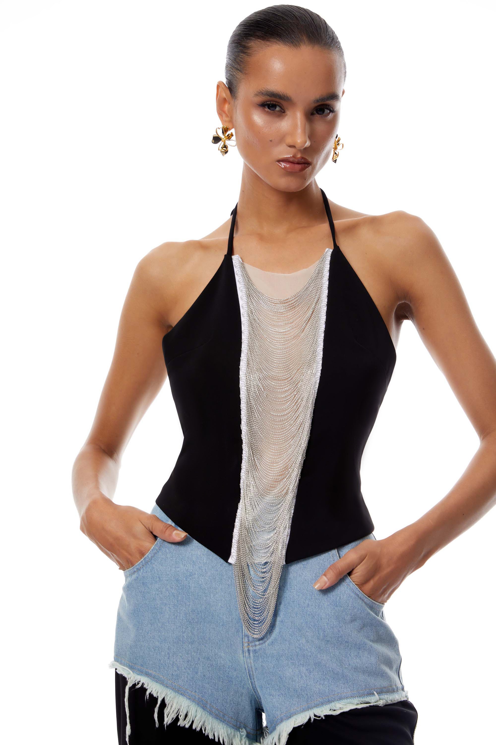 Carla Black Halterneck Fringed Crop Top