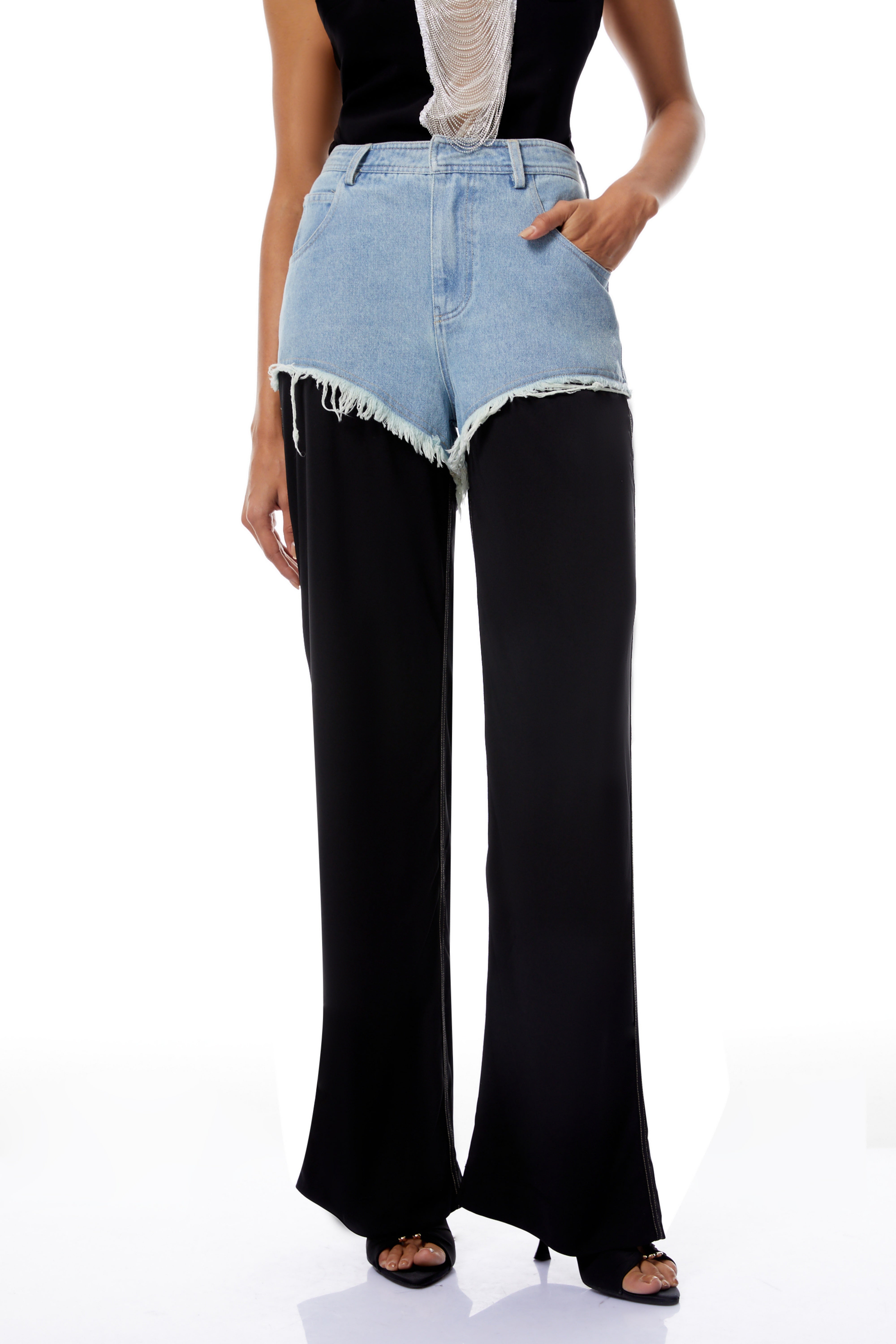 Freja Black Frayed Denim Panel Trousers