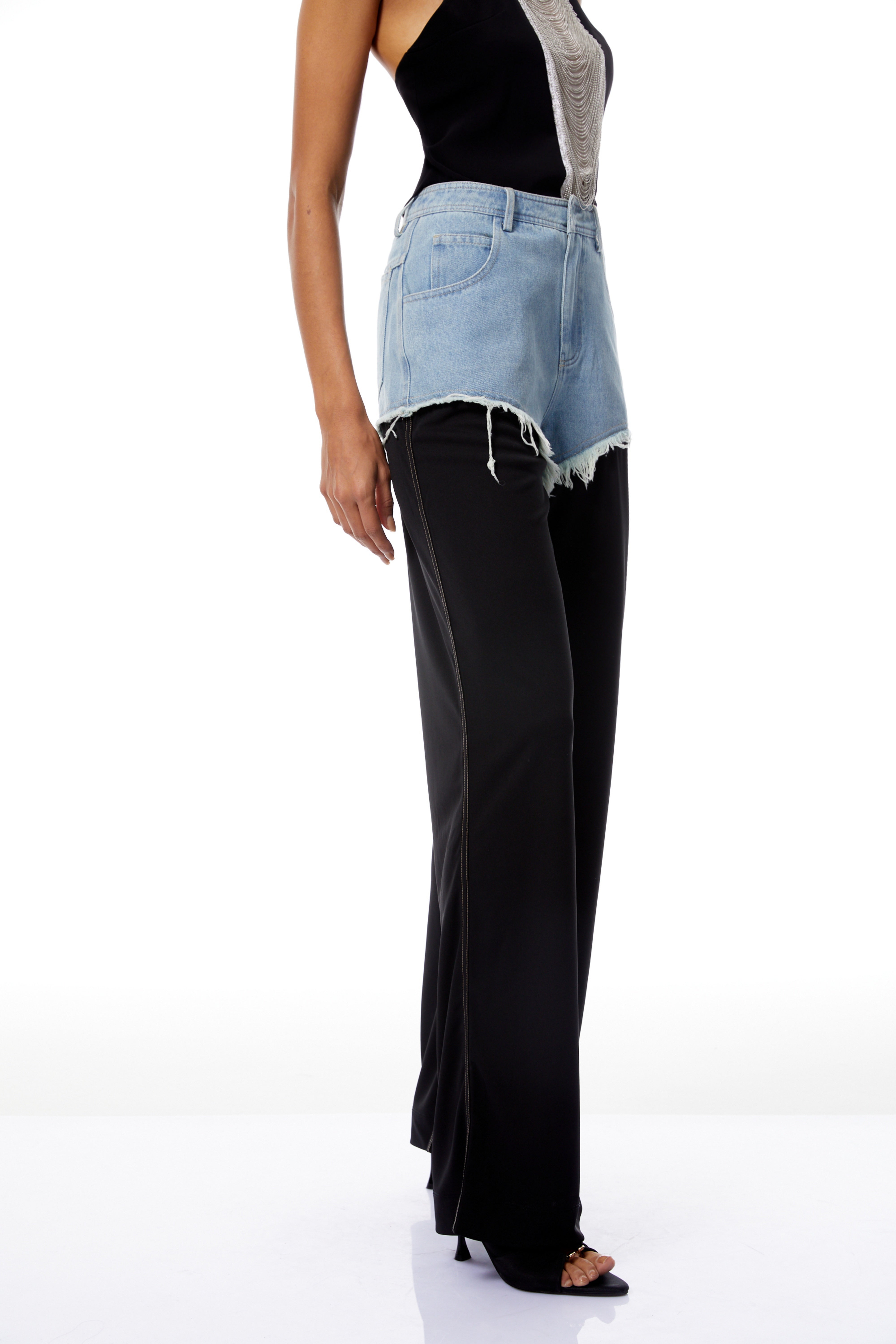 Freja Black Frayed Denim Panel Trousers