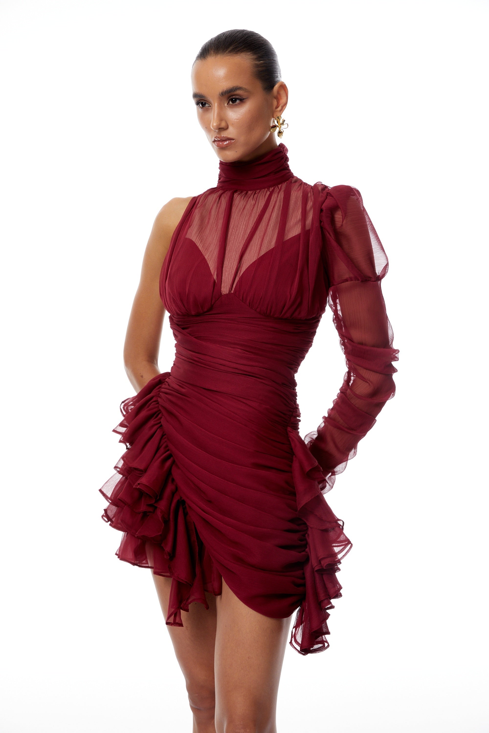 Éléna Burgundy Asymmetrical Ruffled Tulle Mini Dress