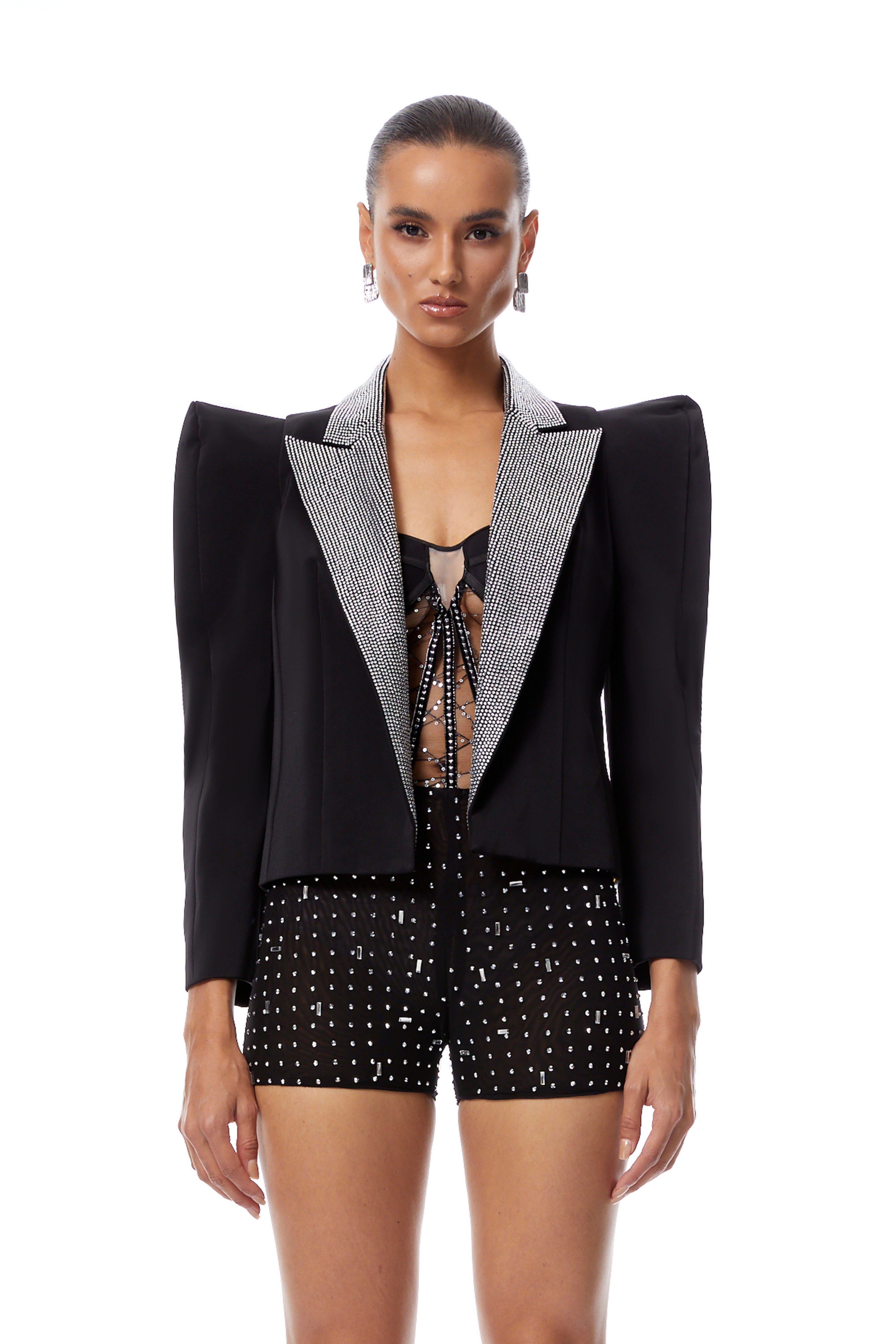 Annamaria Black Rhinestone Lapel Short Blazer