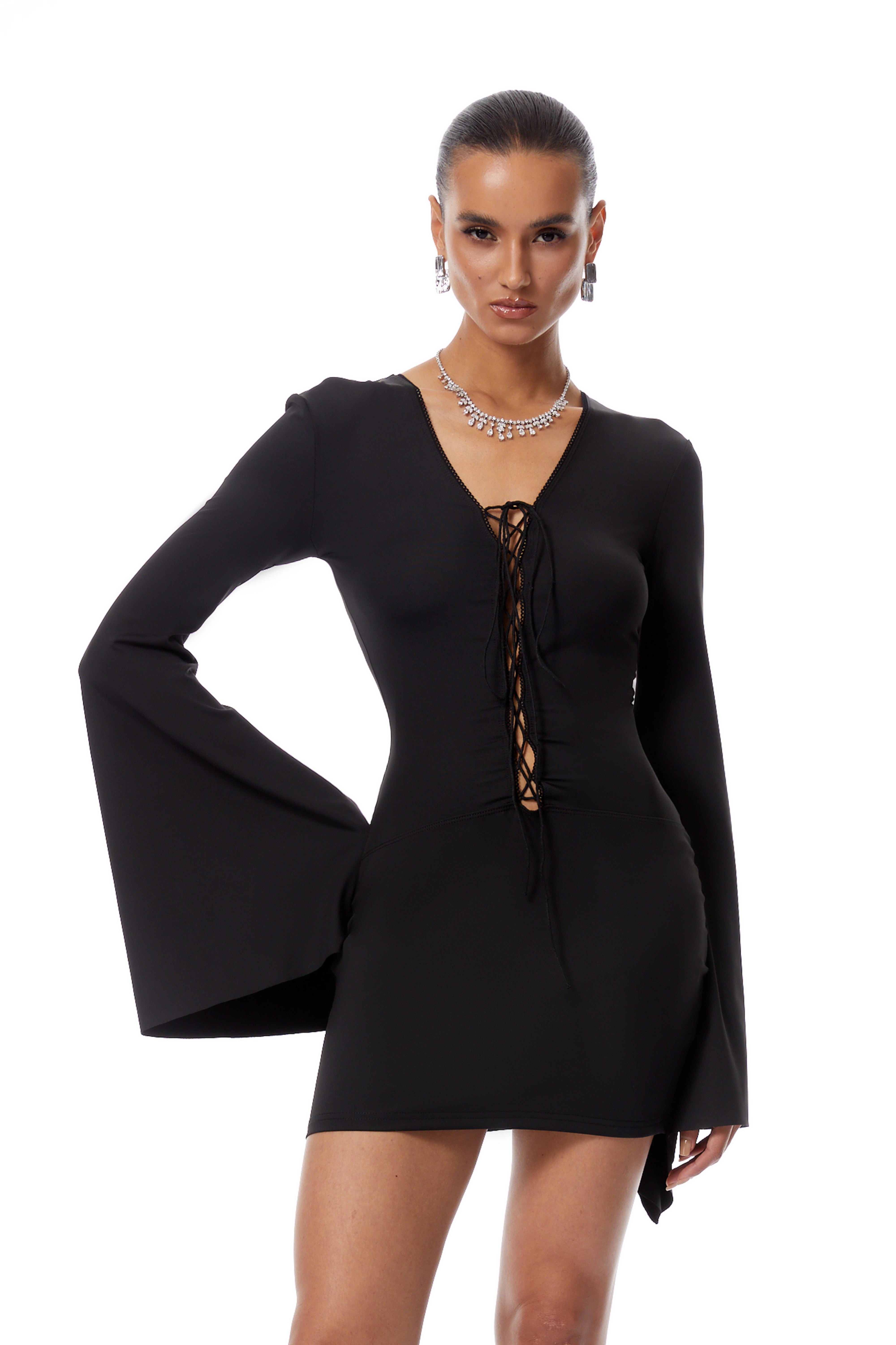 Kinsley Black Bell Sleeve Lace Up Mini Dress (Final Sale-US Only)