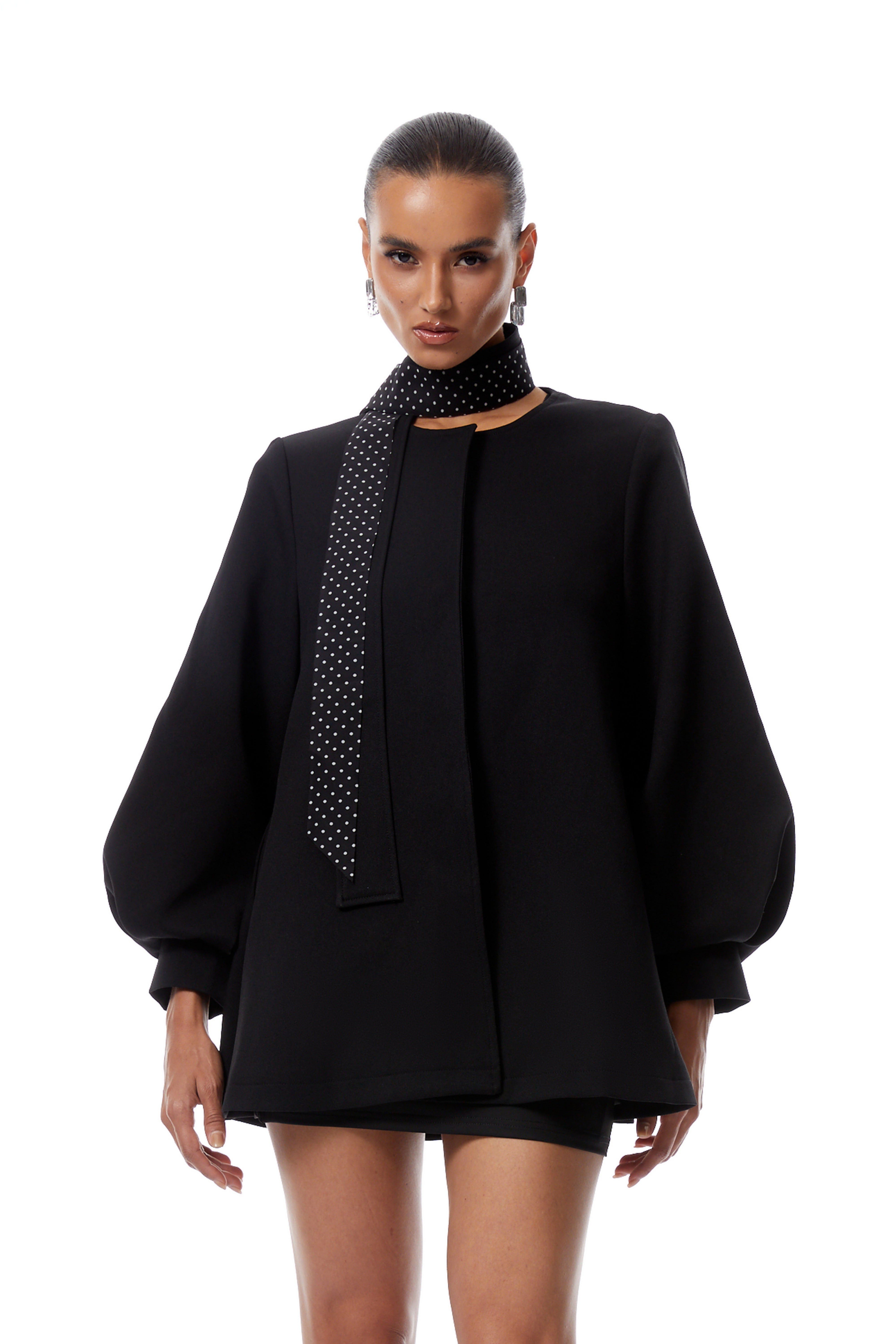 Simone Black Balloon Sleeve Short Coat (Without Polka-Dot Scarf)