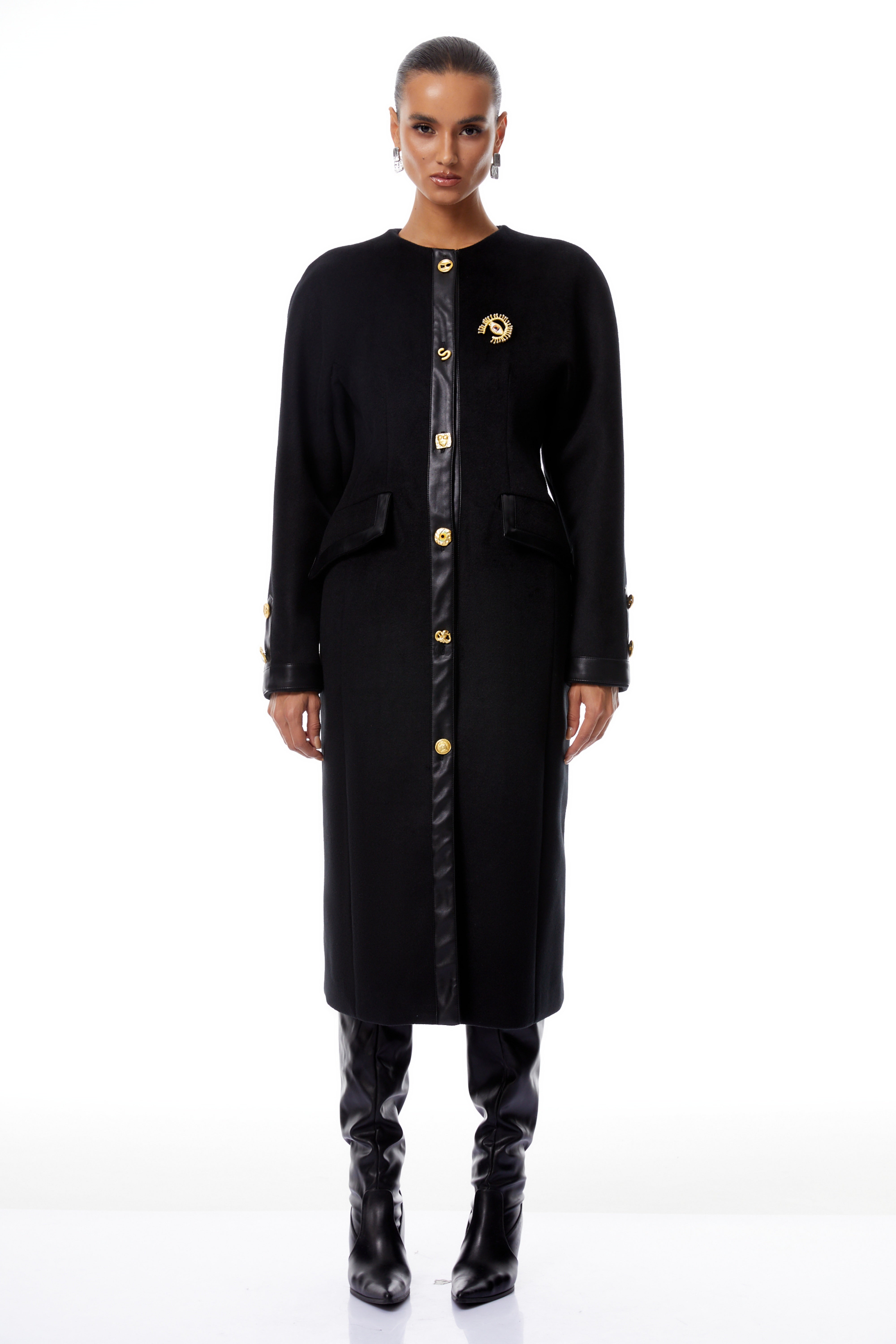 Stefania Black Decorative Button Tweed Overcoat