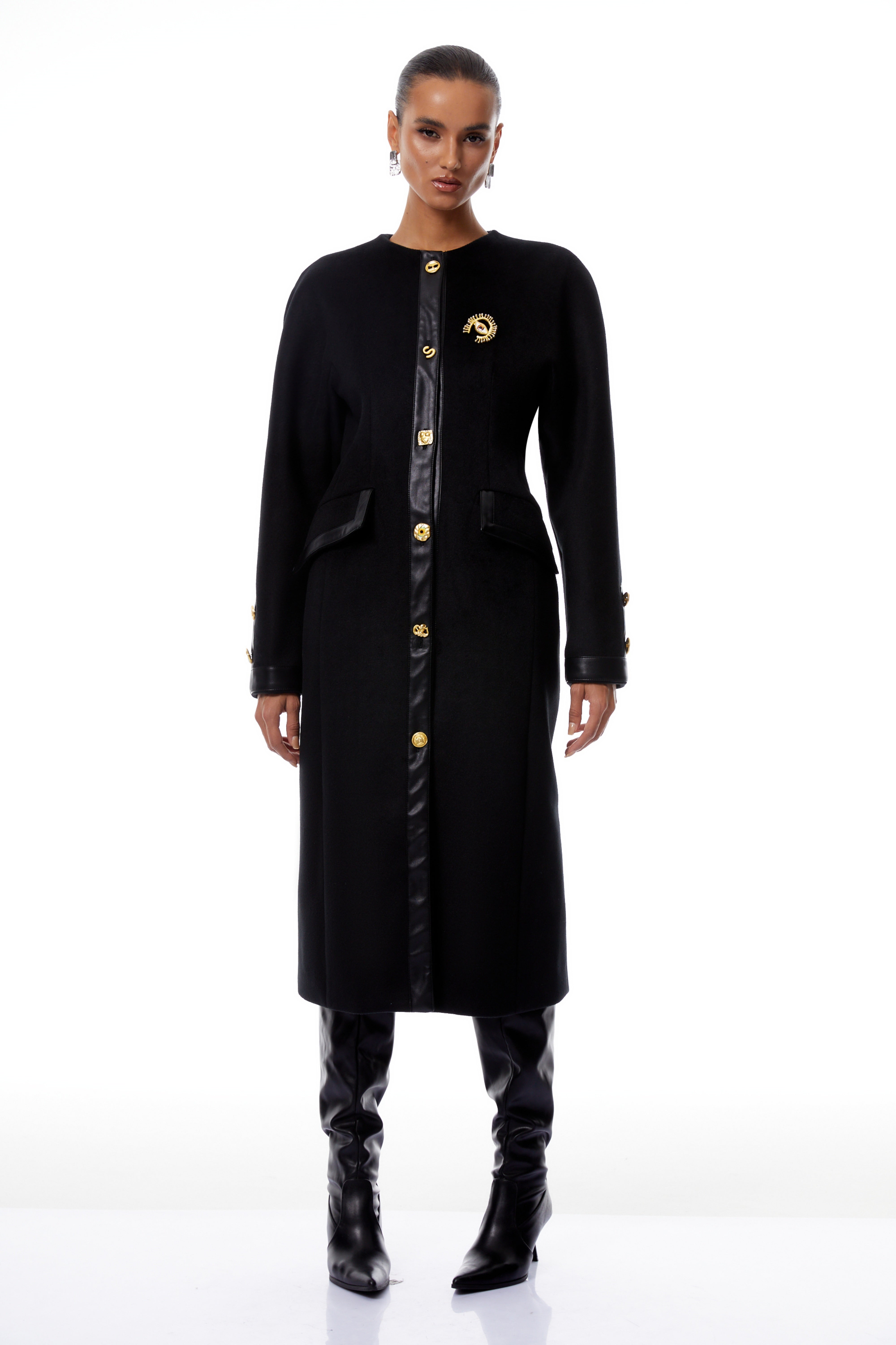 Stefania Black Decorative Button Tweed Overcoat