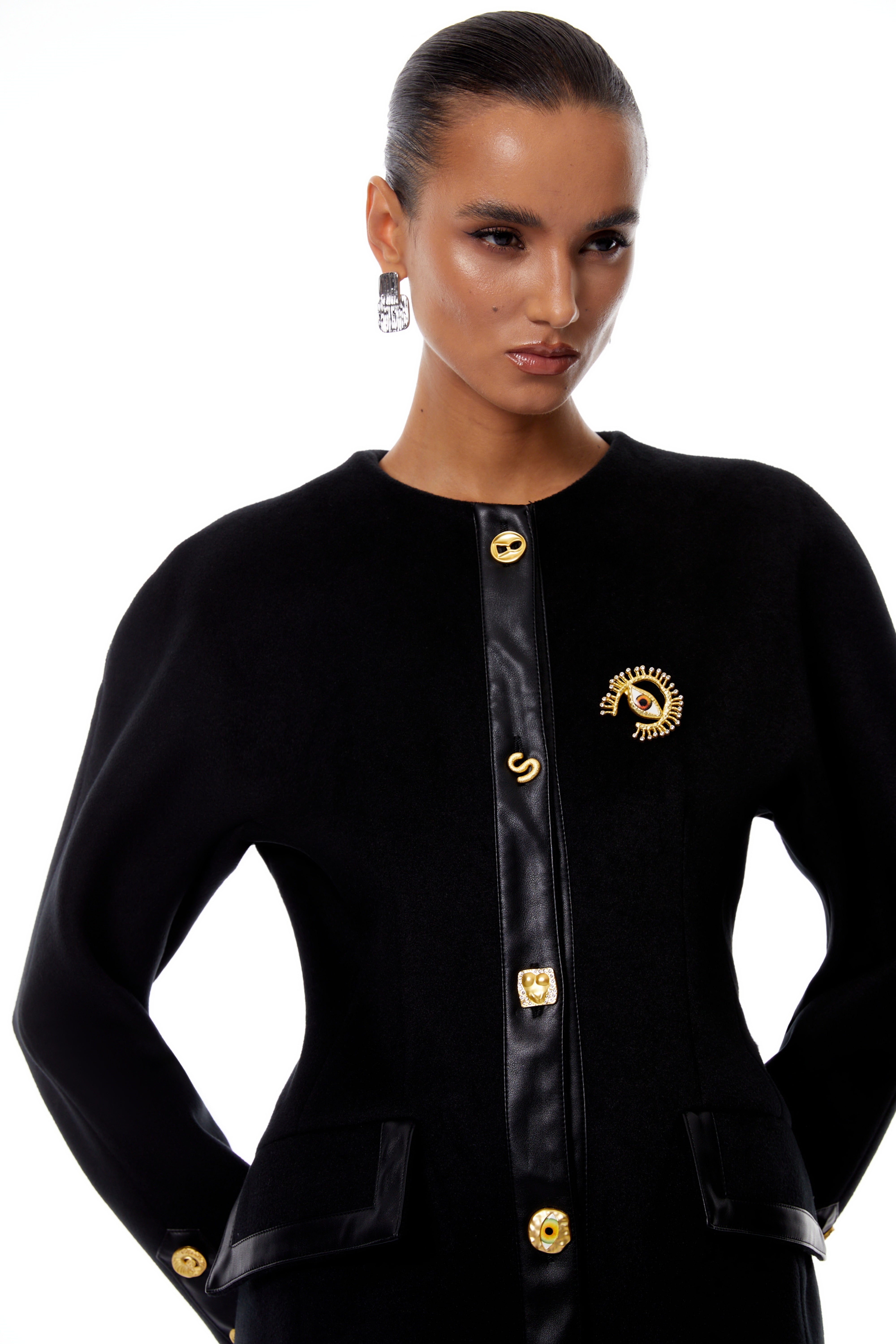 Stefania Black Decorative Button Tweed Overcoat