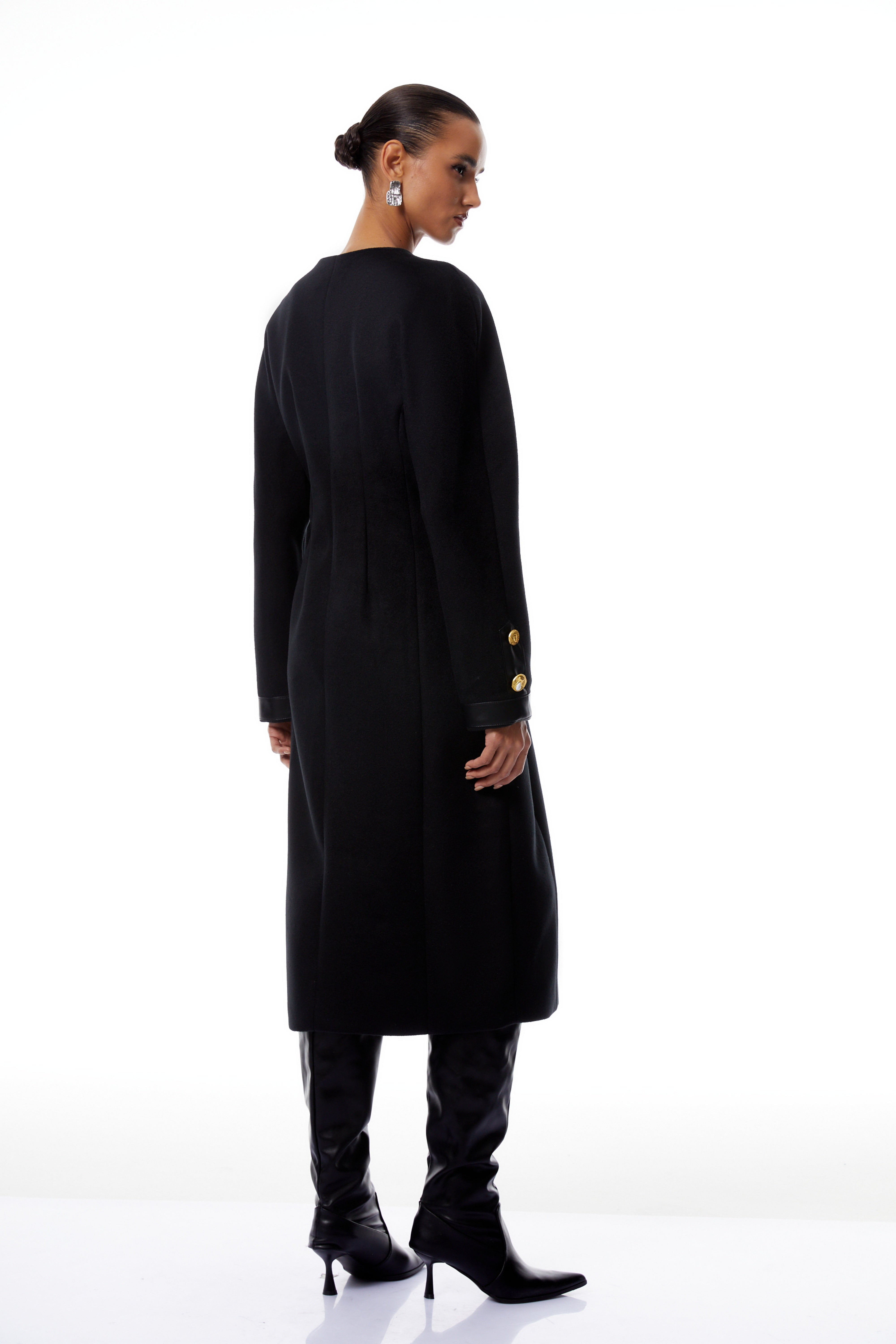 Stefania Black Decorative Button Tweed Overcoat